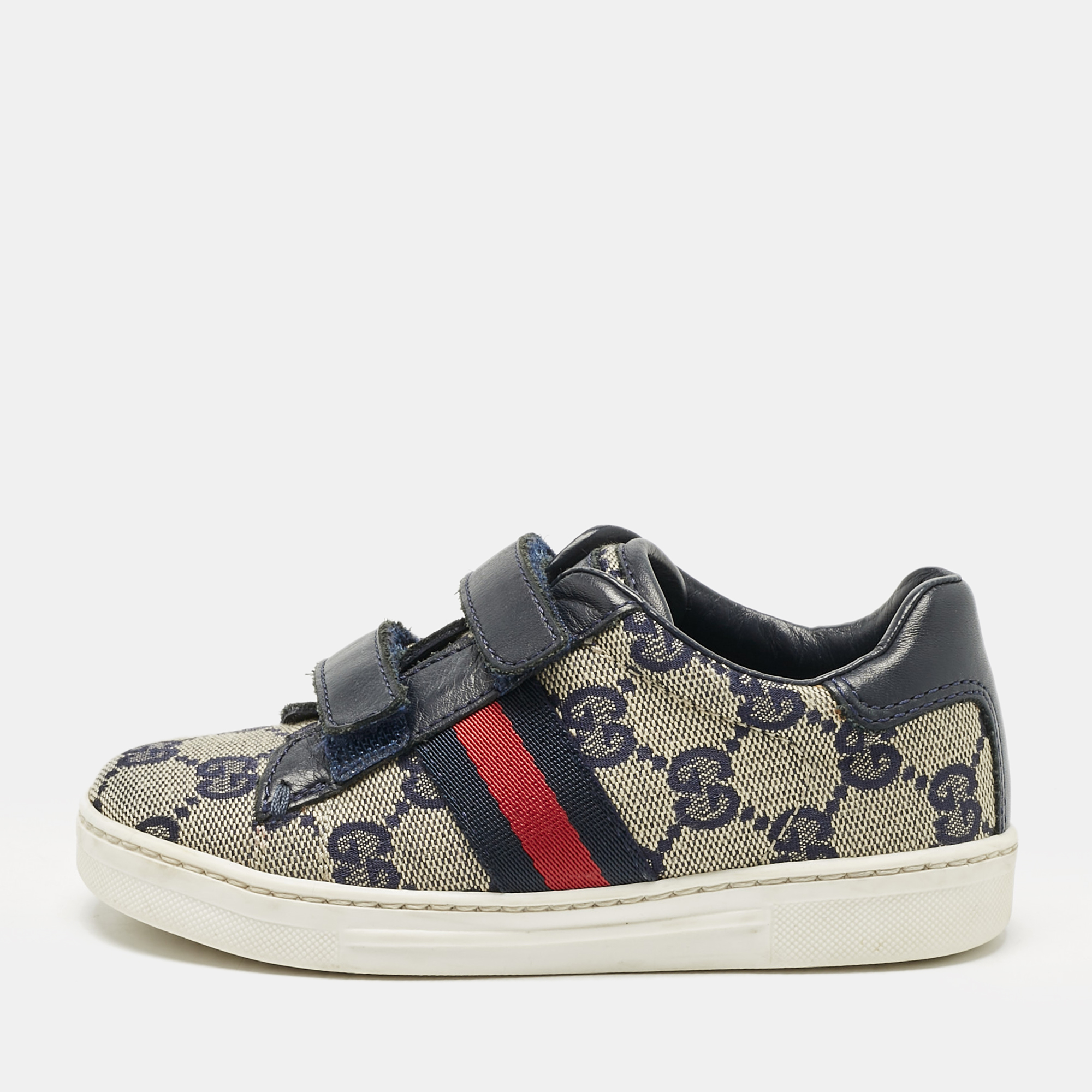 Gucci Blue/Beige GG Canvas and Leather Low Top Sneakers Size 25