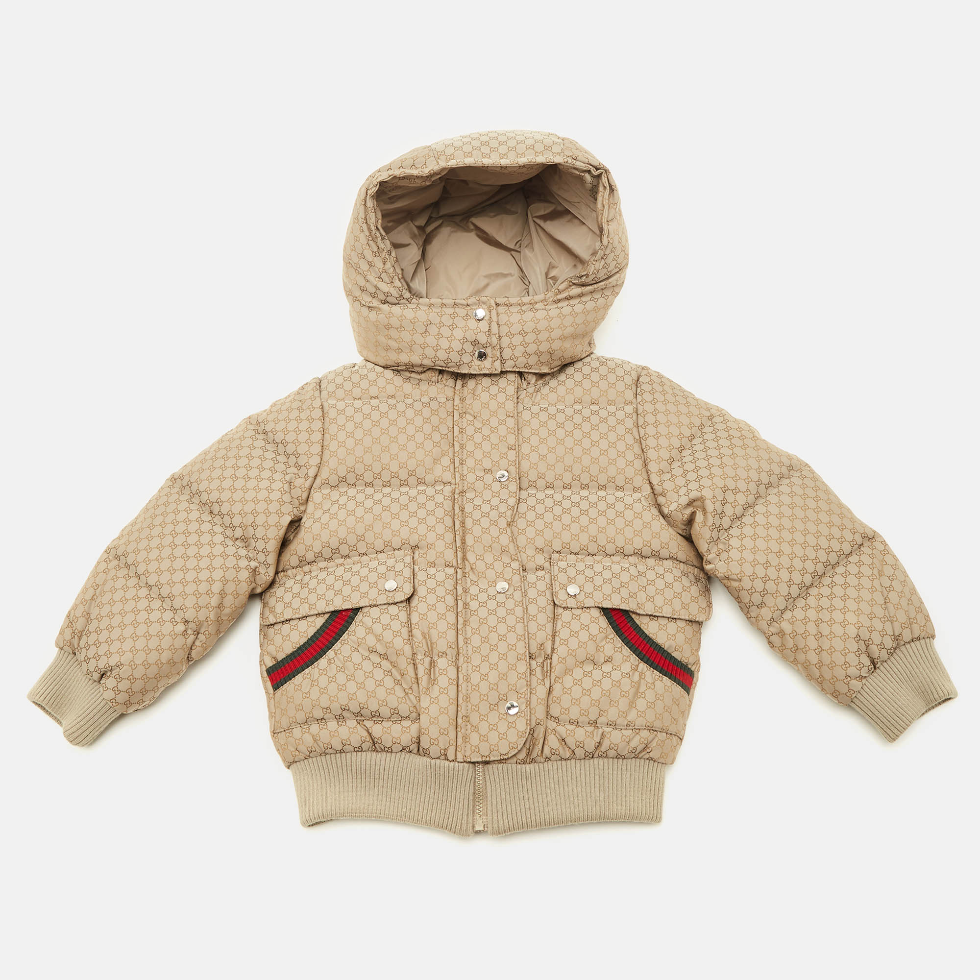 Pre-owned Gucci Kids Beige Gg Print Nylon Down Jacket 12/18m In Brown
