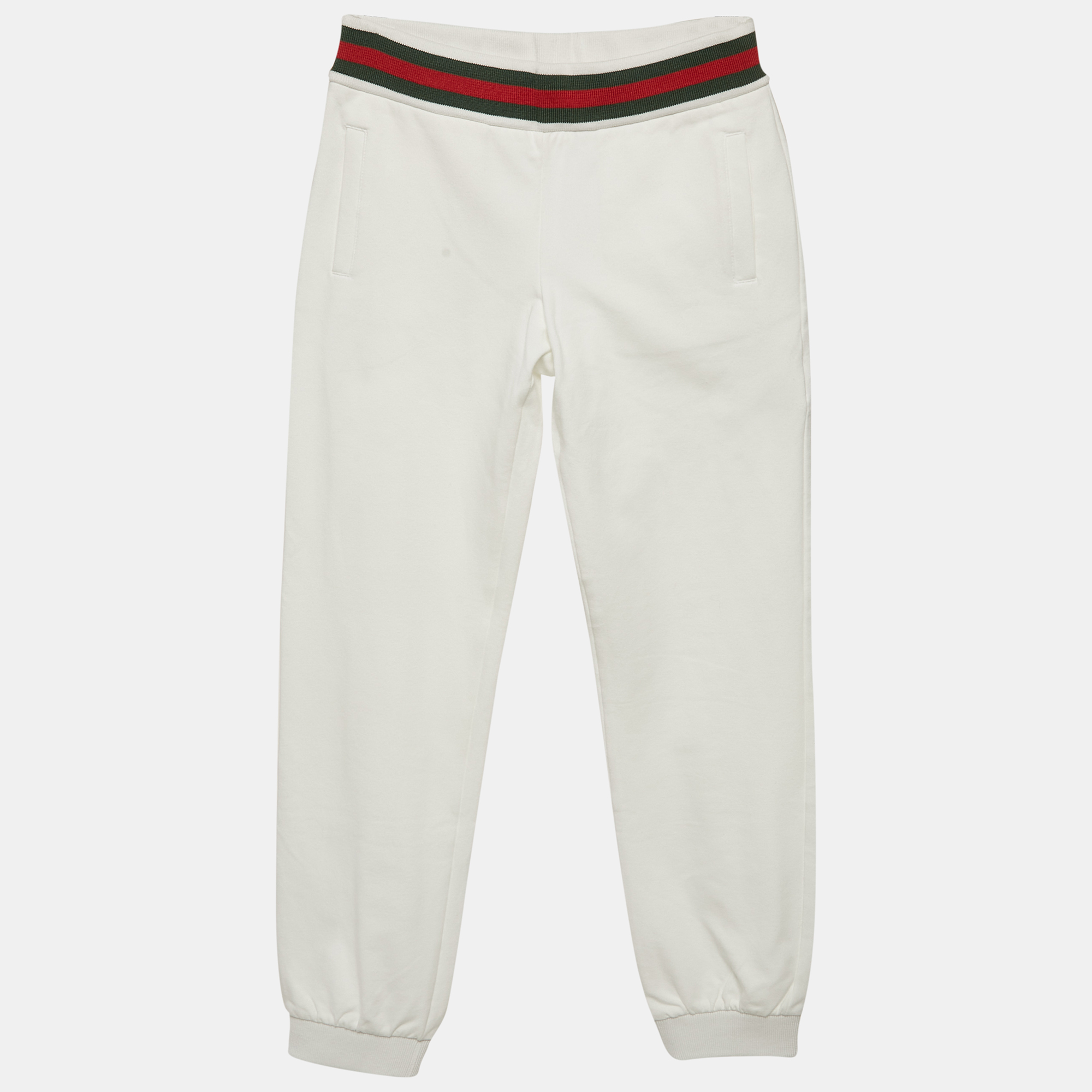 Pre-owned Gucci Kids White Web Trim Waistband Cotton Joggers 8 Yrs