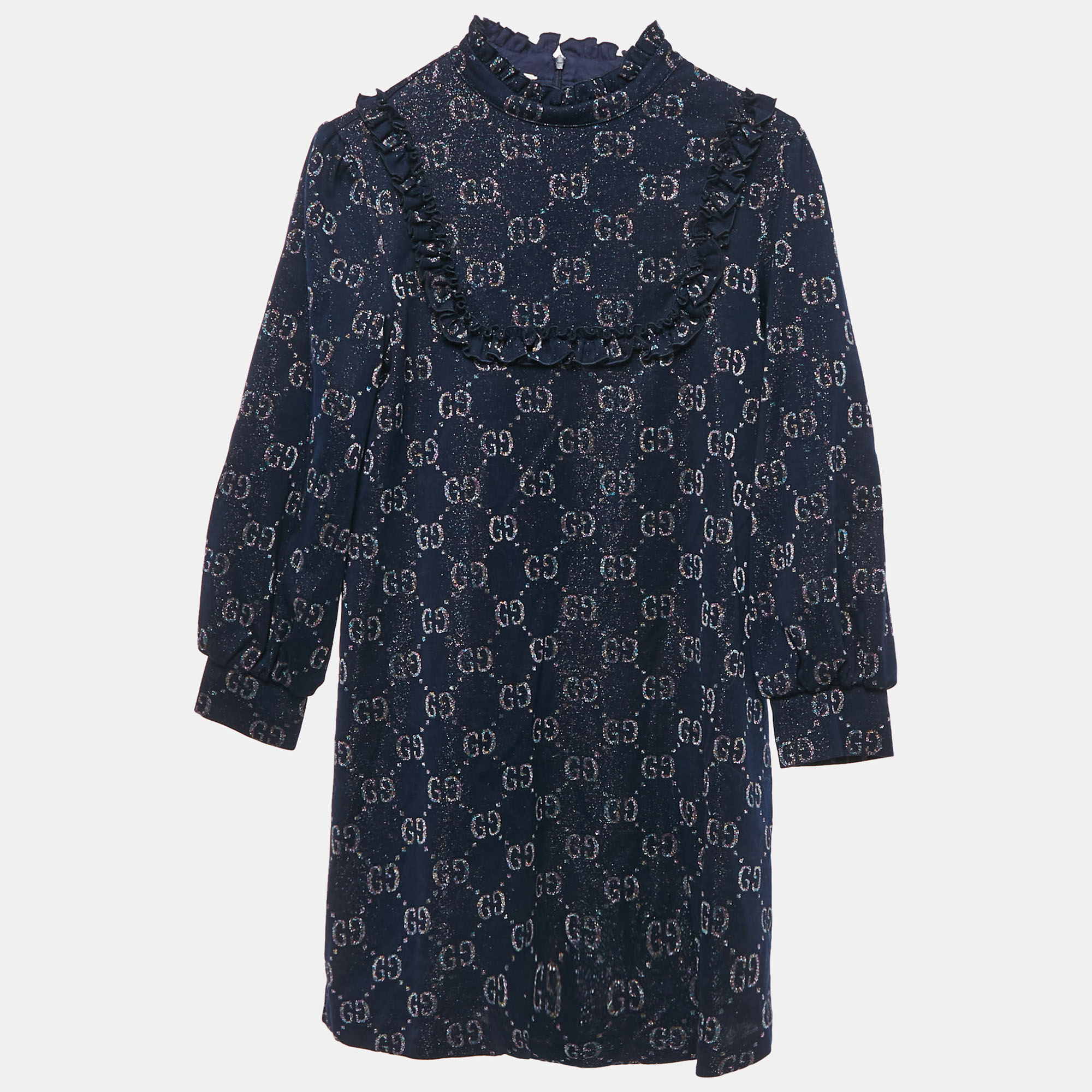 

Gucci Kids Navy Blue Lurex and Cotton Intarsia Knit Ruffled Dress