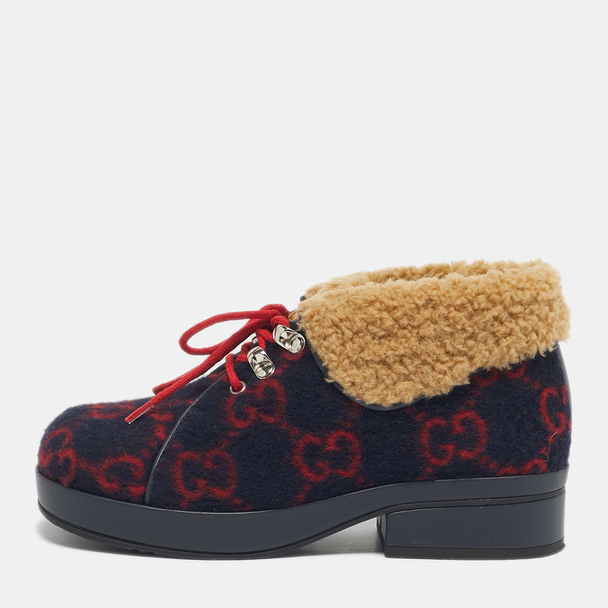 Gucci Navy Blue/Red GG Wool and Fur Ankle Boots Size 32