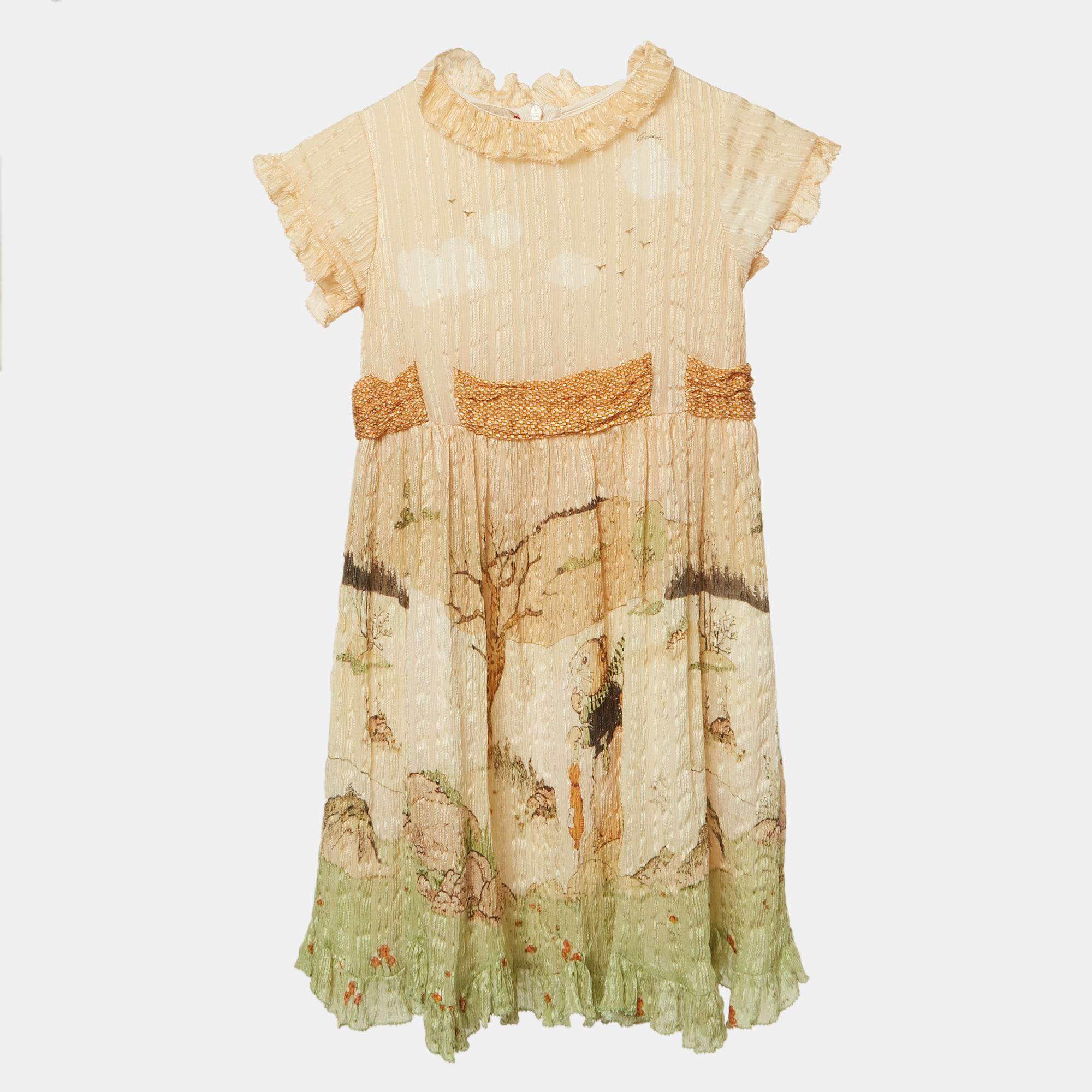 

Gucci Kids Cream Printed Silk Ruffled Dress 6Yrs