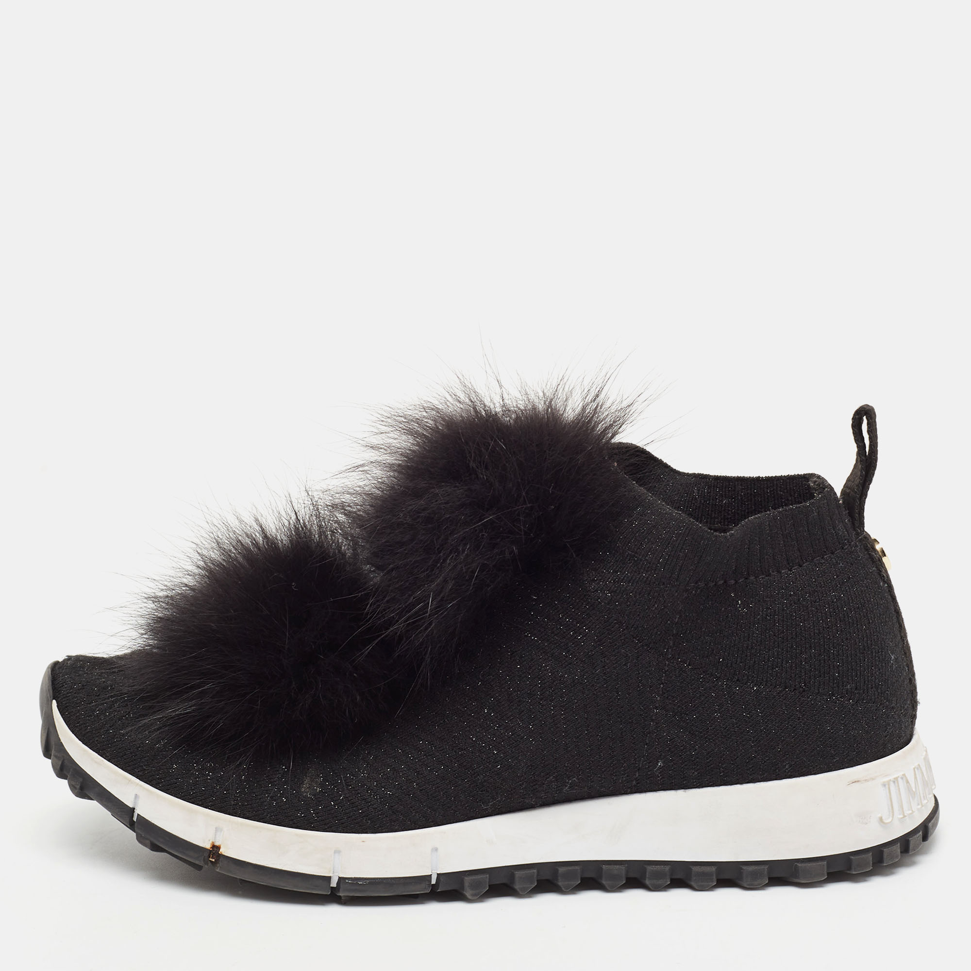 Jimmy Choo Black Knit Fabric and Lurex Norway Pom Pom Sneakers Size 34 (Kids)
