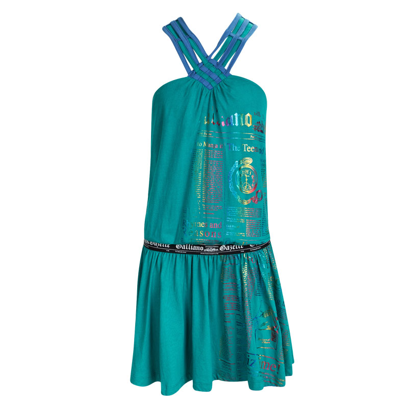 John Galliano Kids Aqua Blue Printed Cotton Halter Dress 10 Yrs