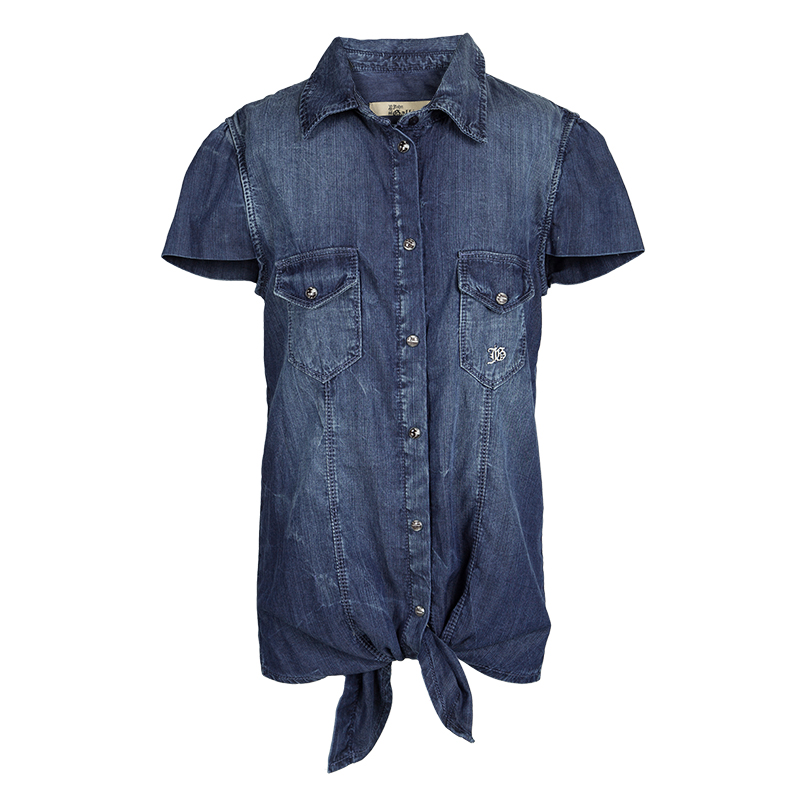 Your princess will look cute and stylish with this shirt from John Galliano. The indigo shirt has a faded effect with a collar short sleeves and a tie at the bottom. The piece is complete with the label embellished on the back.