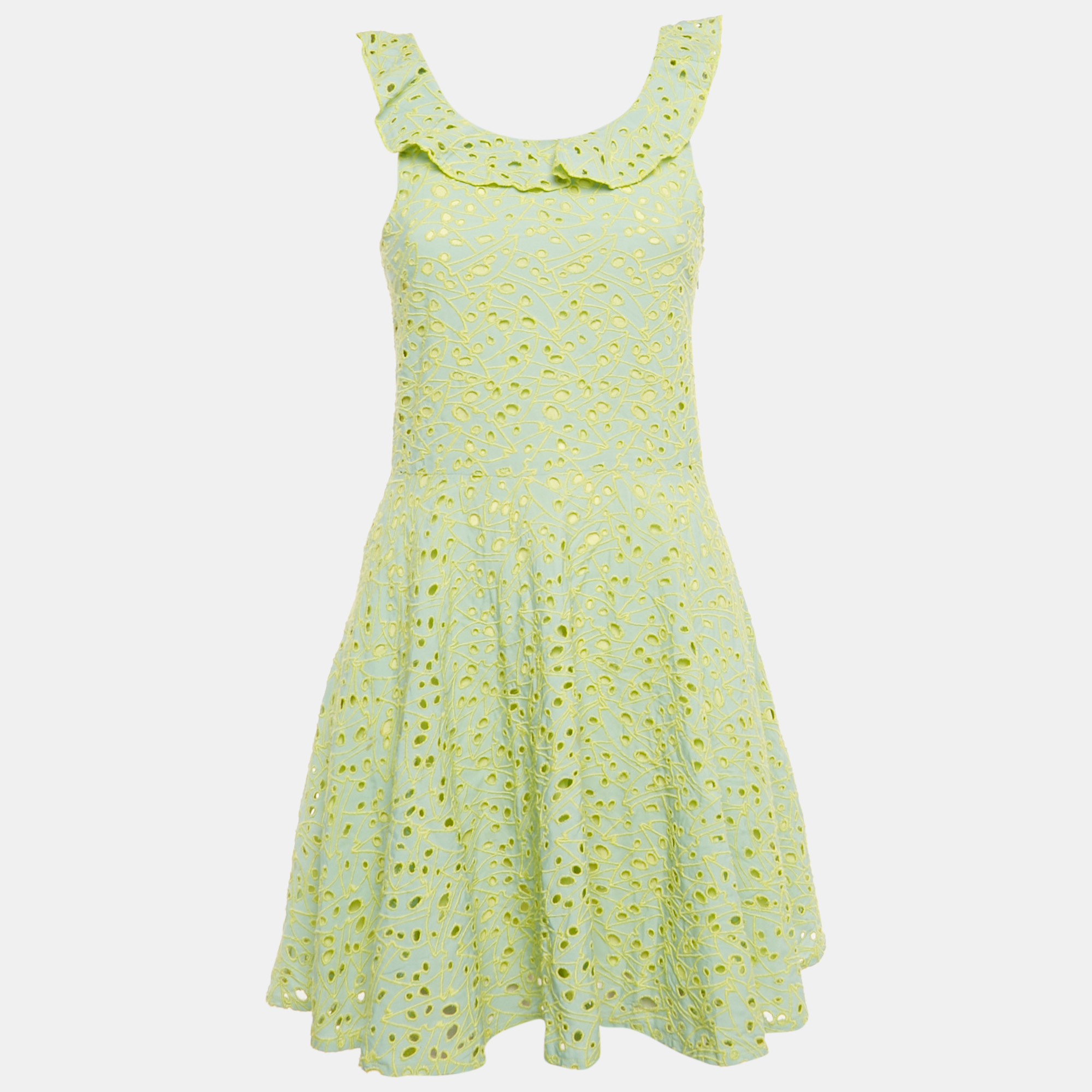 Pre-owned Kenzo Blue/yellow Broderie Anglaise Cotton Dress 12 Yrs