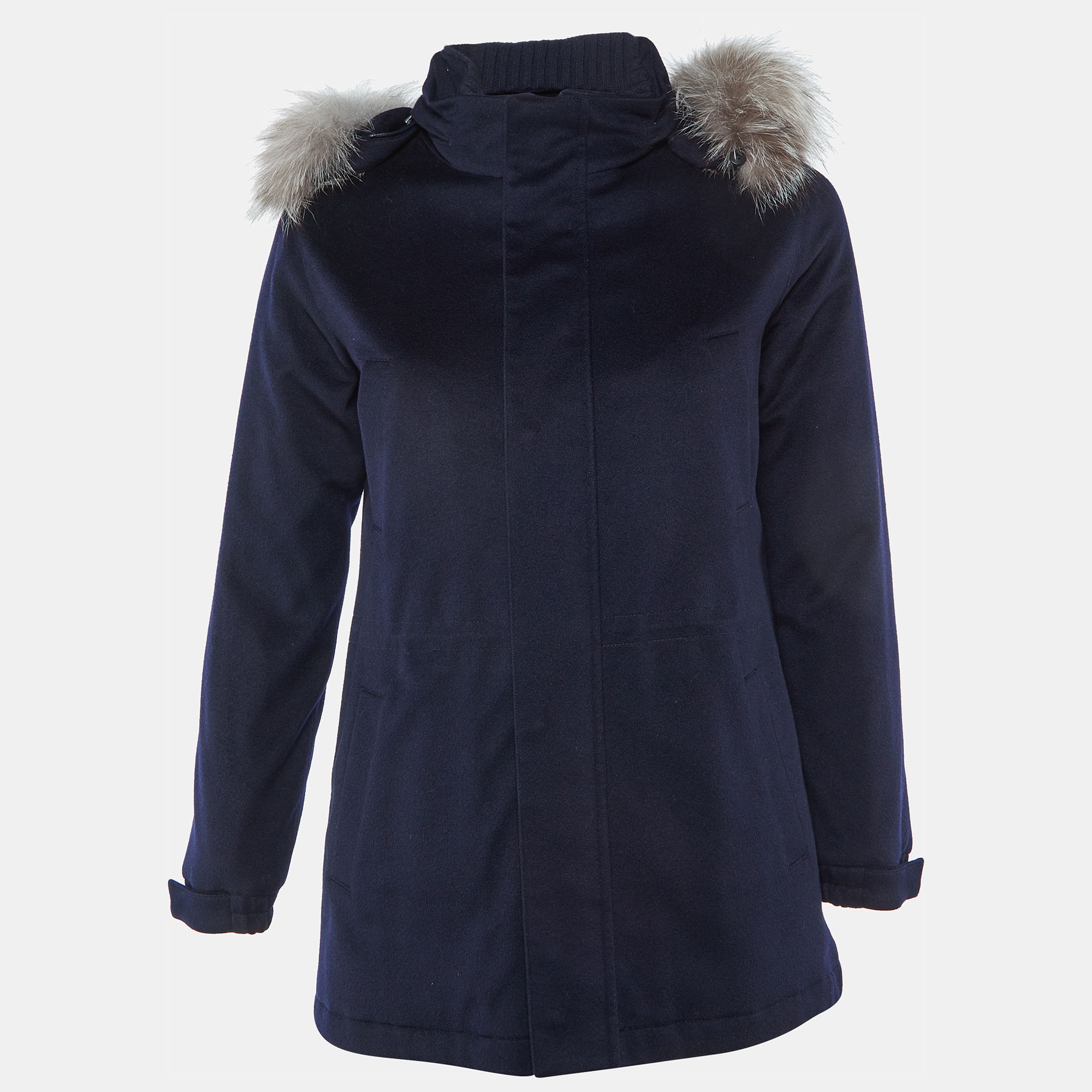 

Loro Piana Kids Midnight Blue Cashmere Fox Fur Trimmed Detachable Hood Zip-Up Jacket 12 Yrs