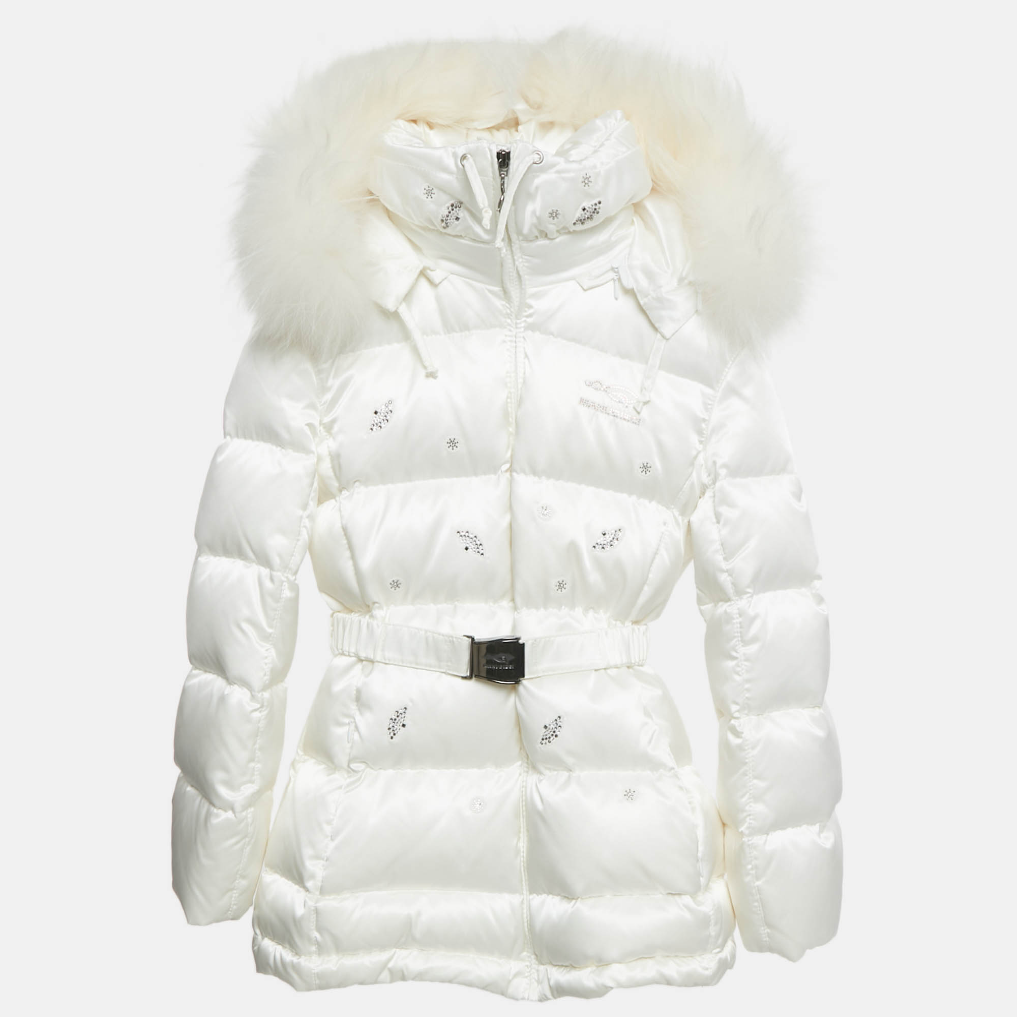 

Manudieci Kids Ecru Embellished Detail Synthetic Detachable Hood Down Jacket 10Y, White