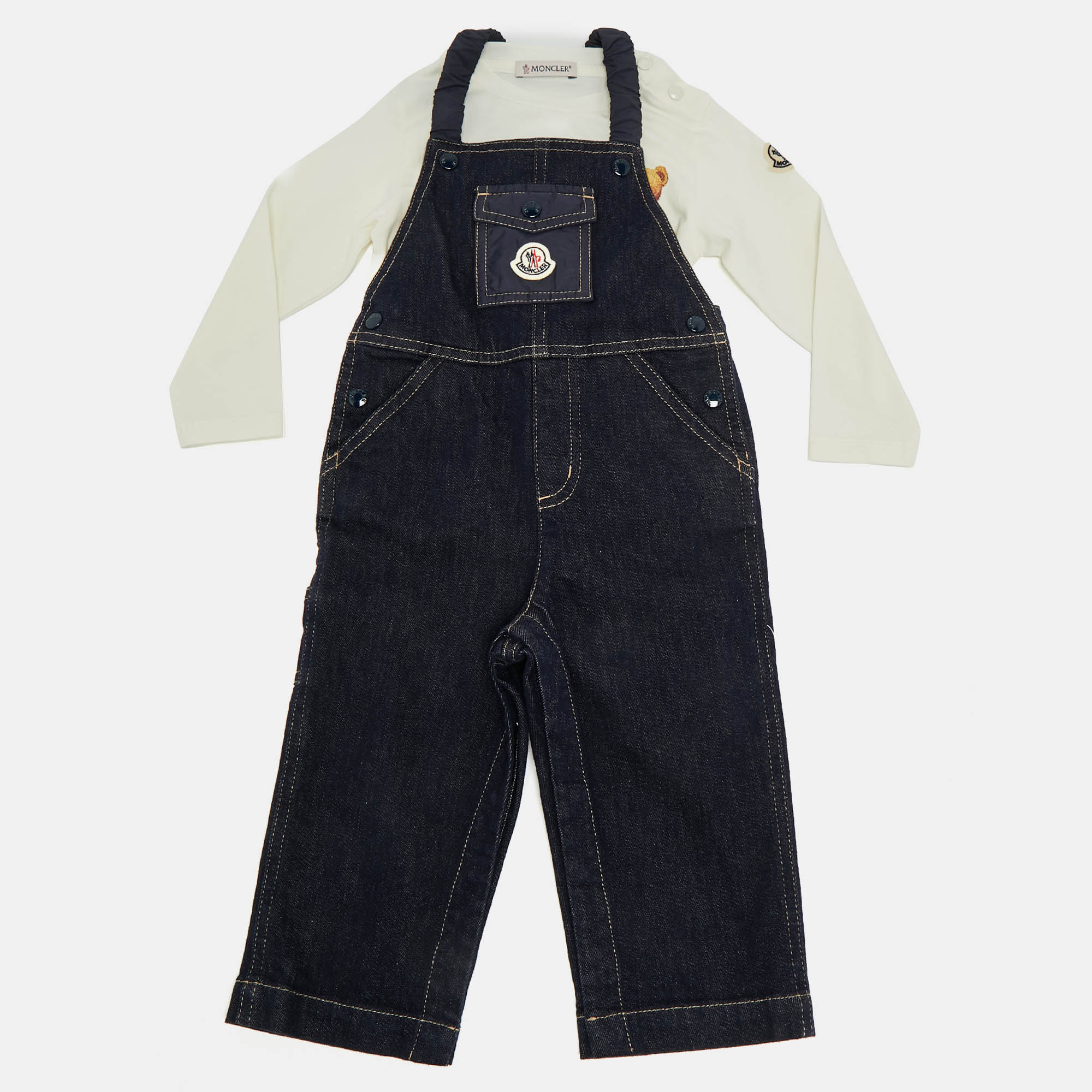 

Moncler Kids Blue/White Denim and Knit Dungarees and Shirt Set