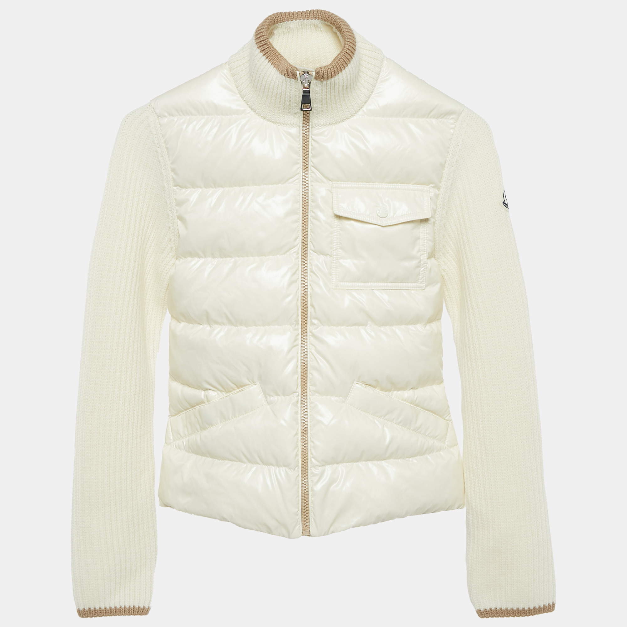 

Moncler Kids Ivory Nylon and Rib Knit Down Cardigan Jacket 12 Yrs, White