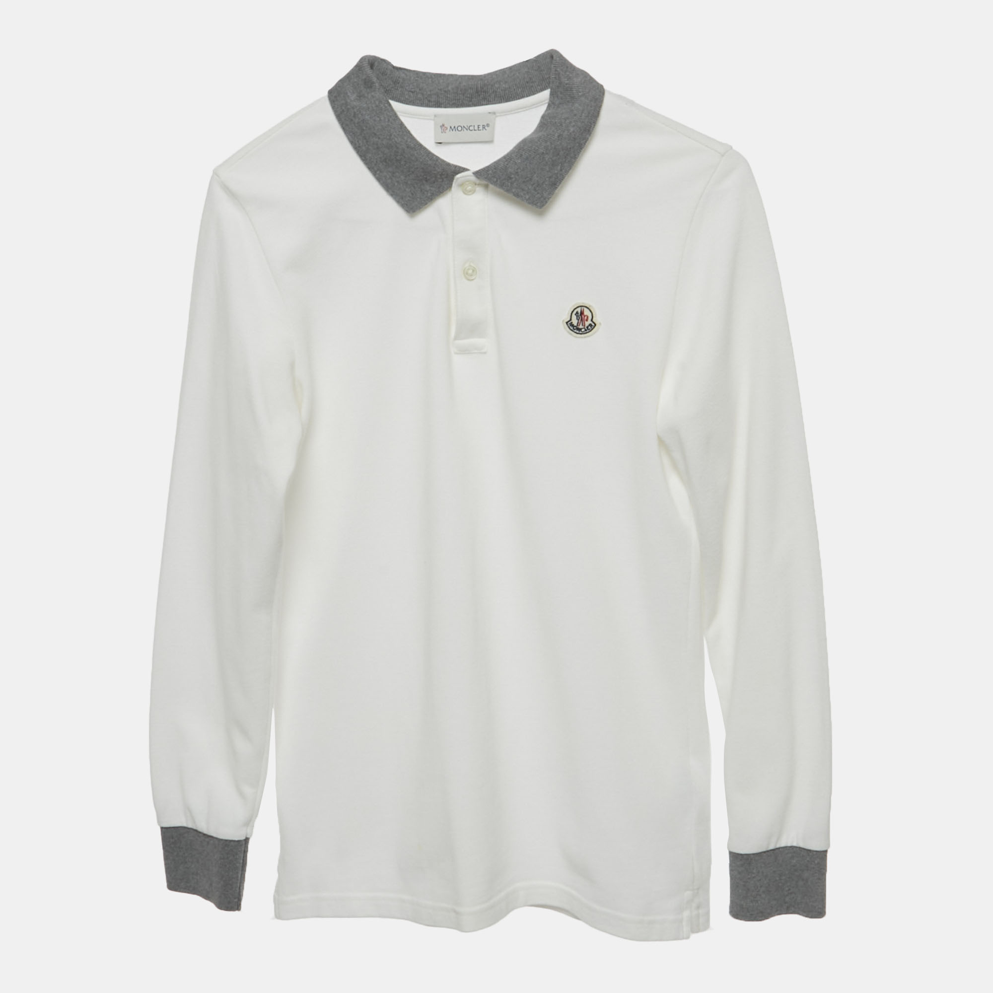 Moncler Kids White Log Applique Cotton Pique Full Sleeve Polo T-Shirt 12 Yrs