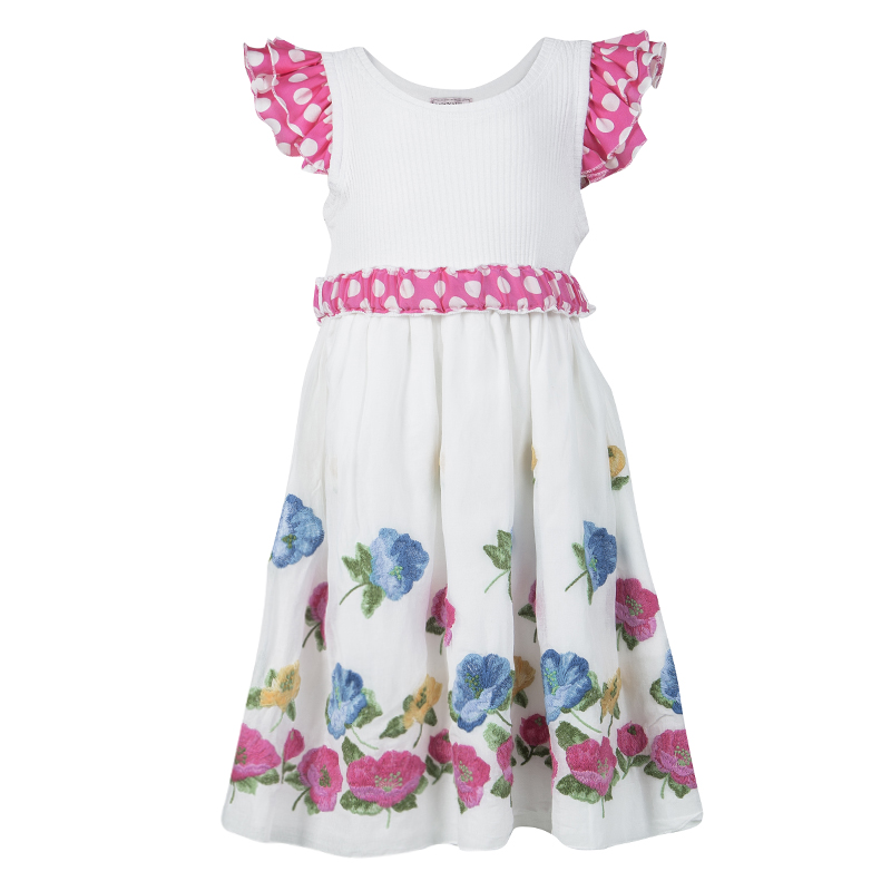 Monnalisa White Cotton Ruffle Detail Belted Floral Embroidered Dress 6 Yrs