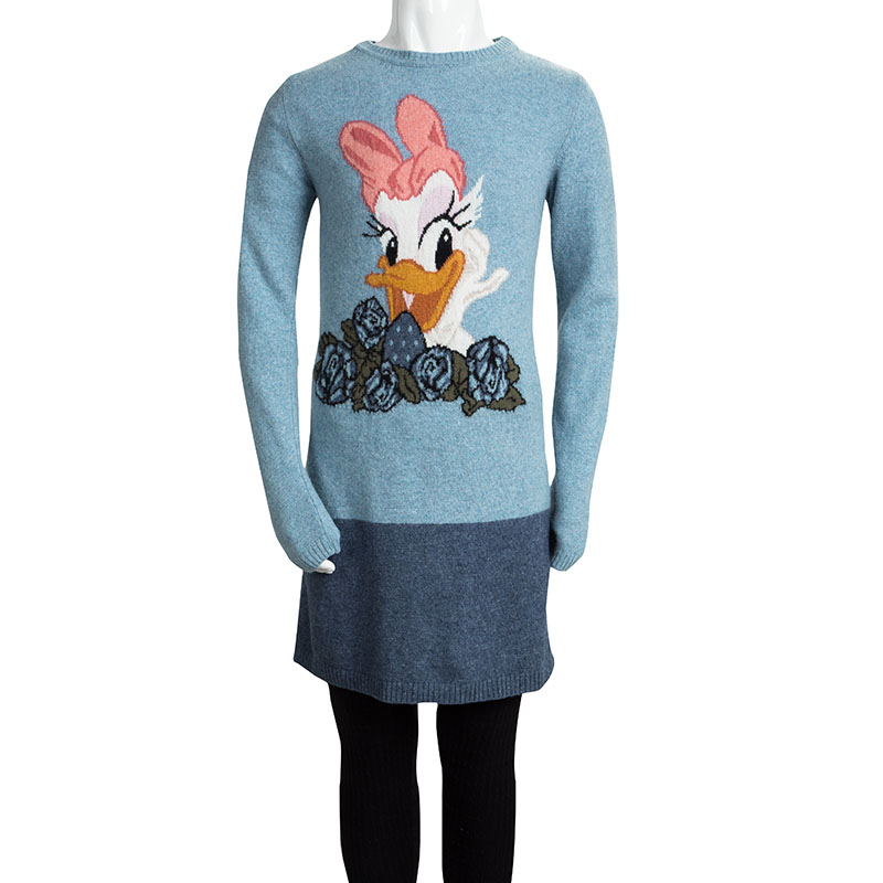 

Monnalisa Blue Knit Daffy Duck Motif Cutout Back Detail Sweater Dress 10 Yrs