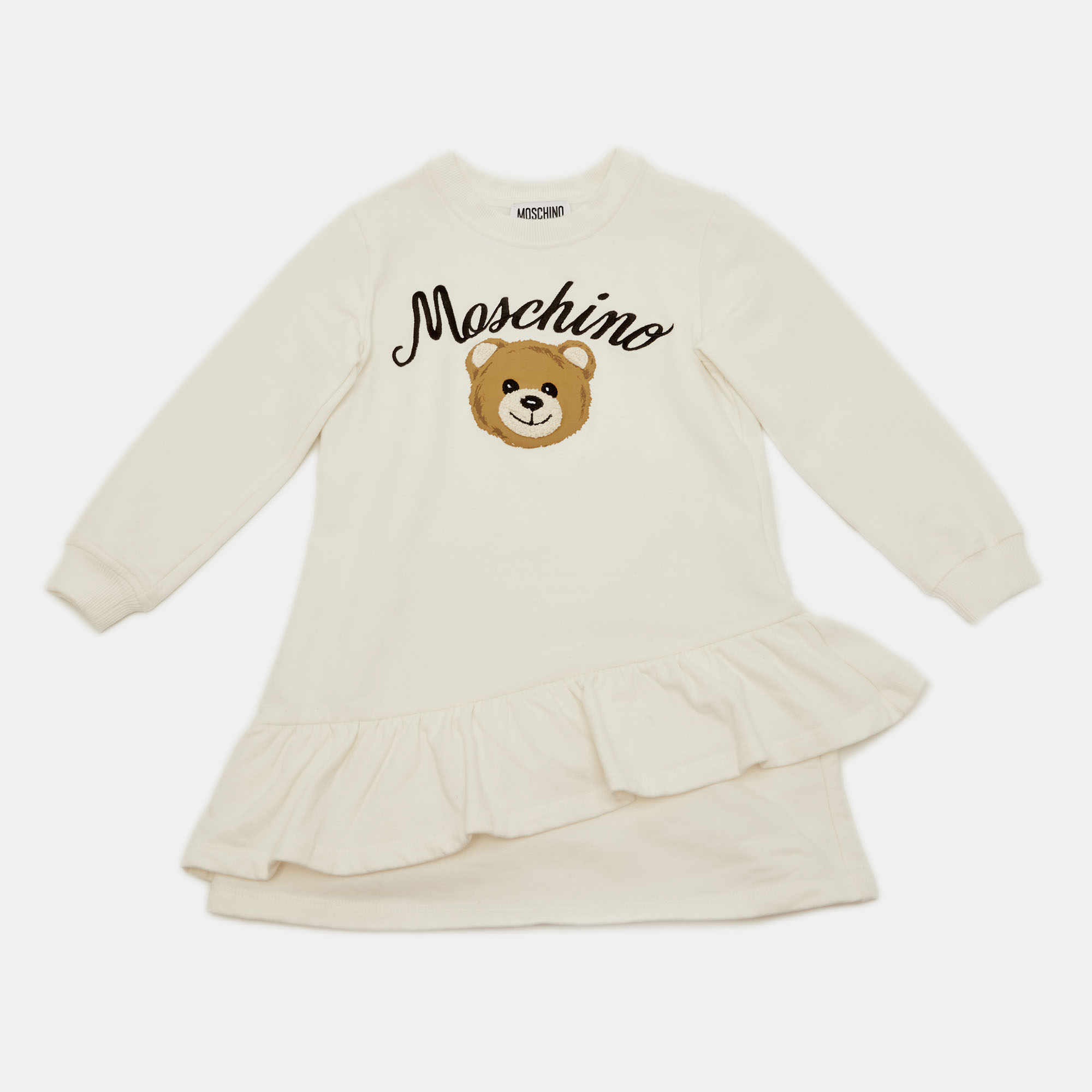 

Moschino Kids White Logo Embroidered Teddy Bear Print Cotton Ruffle Dress 4 Yrs