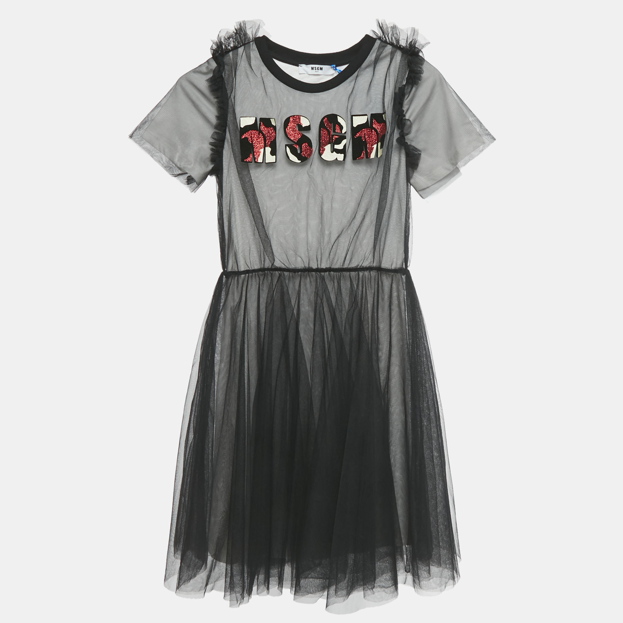 Pre-owned Msgm Kids Black Logo Applique Tulle Dress 10yrs
