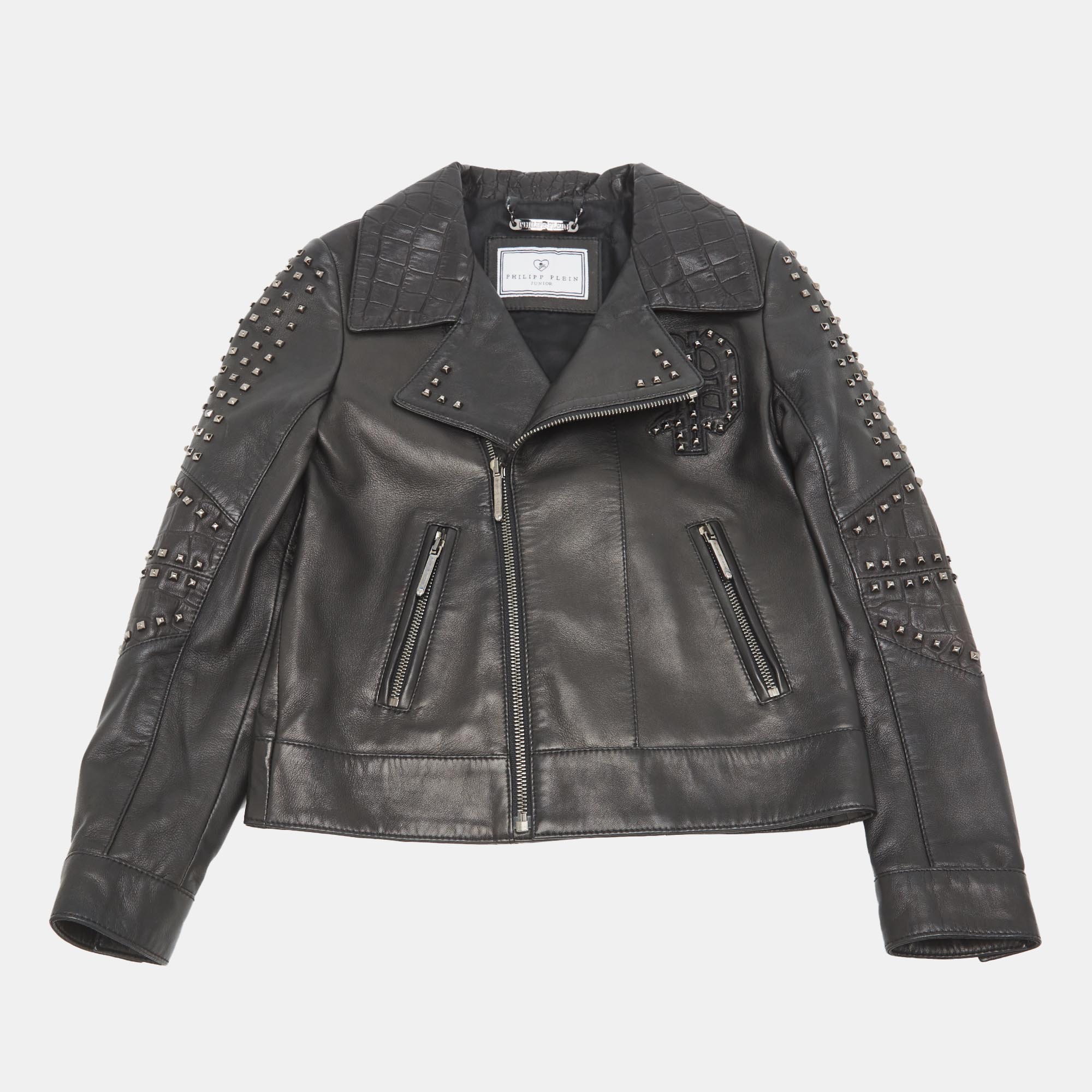 Pre-owned Philipp Plein Junior Black Studded Textured Leather Detail Jacket 8 Yrs