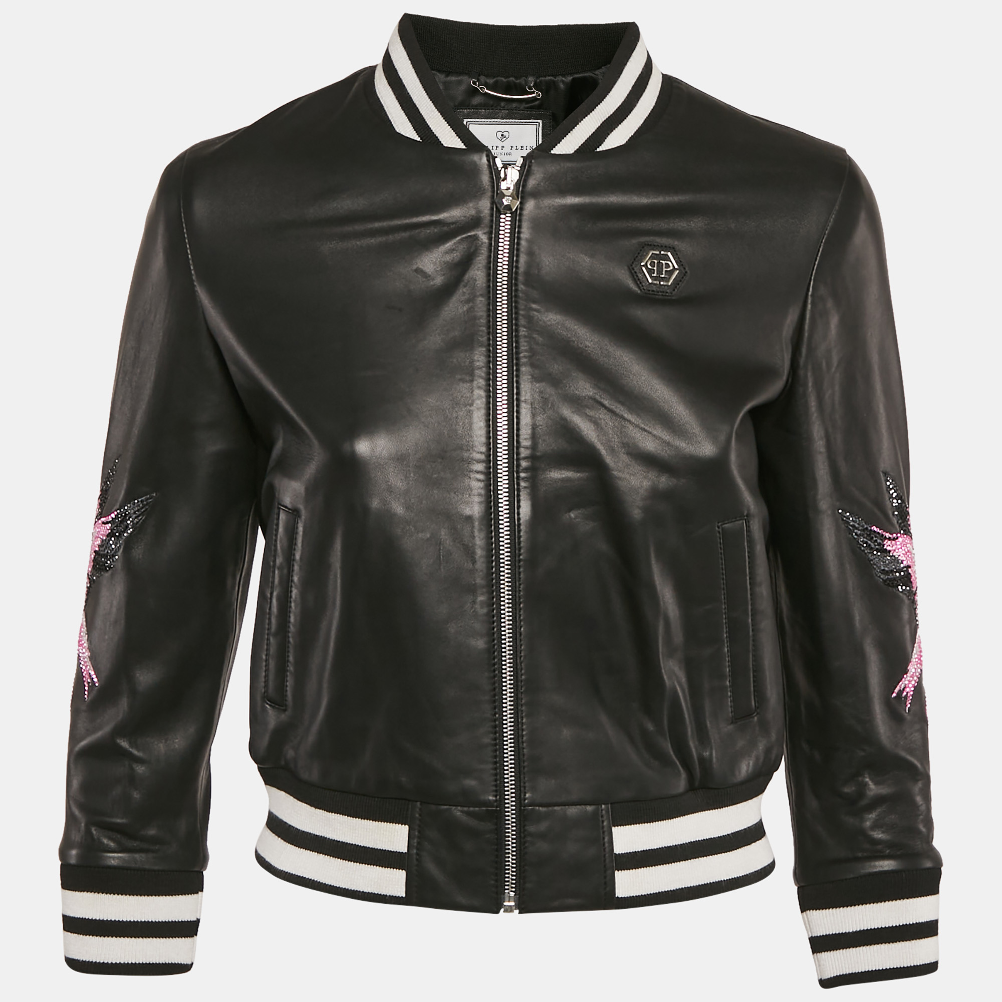 

Philipp Plein Junior Black Flamingo Embellished Leather Jungle Jacket