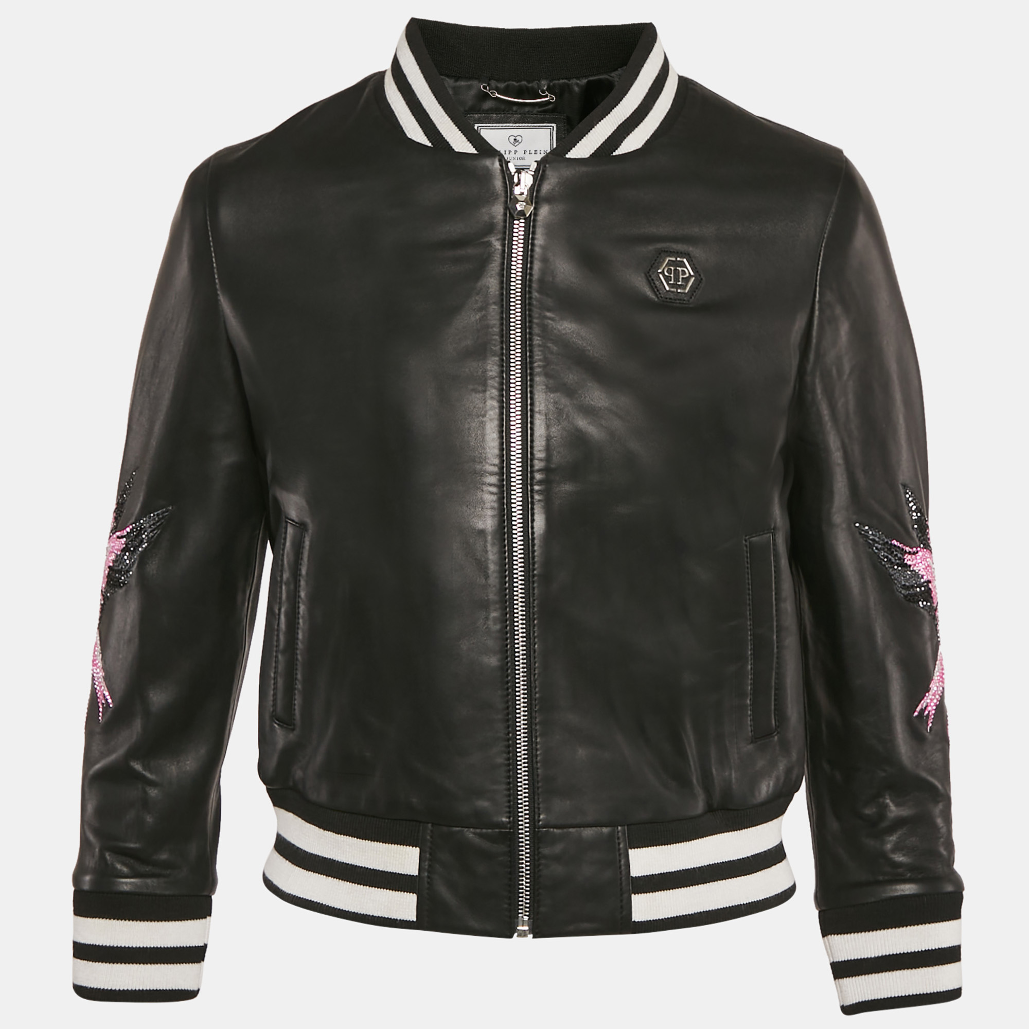 

Philipp Plein Junior Black Flamingo Embellished Leather Jungle Jacket