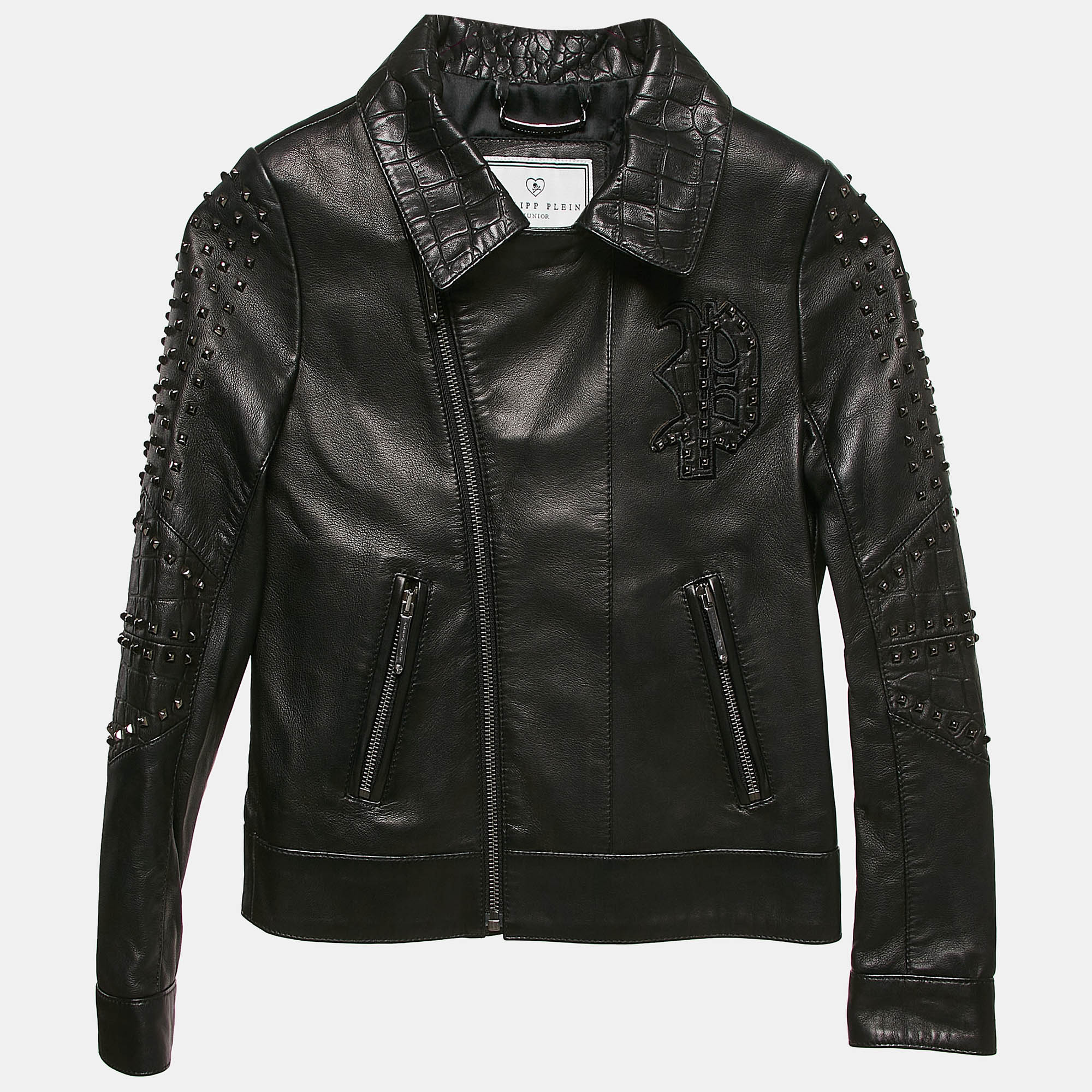 

Philipp Plein Junior Black Textured Leather Black Stud Detail Biker Jacket 8 Yrs