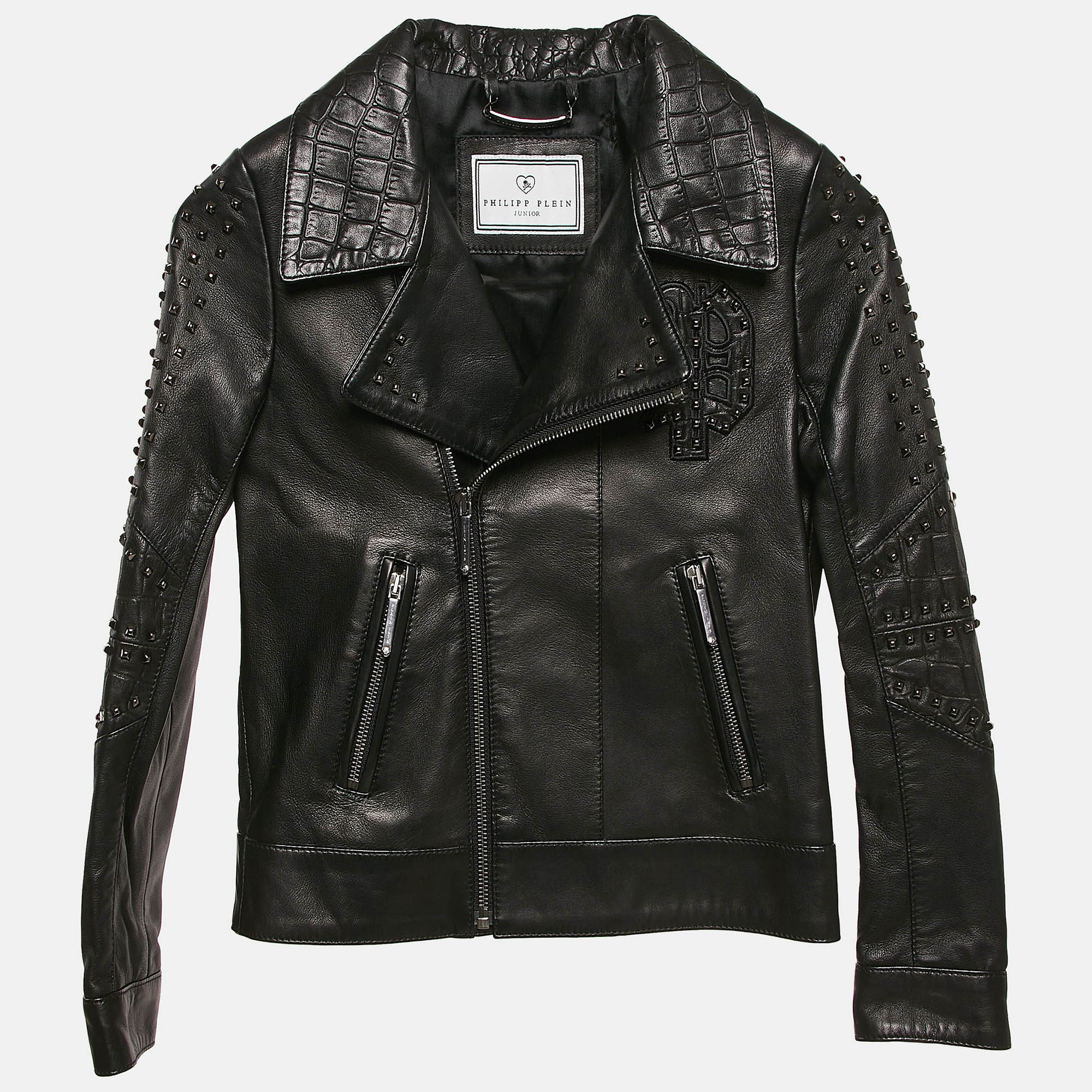 

Philipp Plein Junior Black Textured Leather Black Stud Detail Biker Jacket 8 Yrs