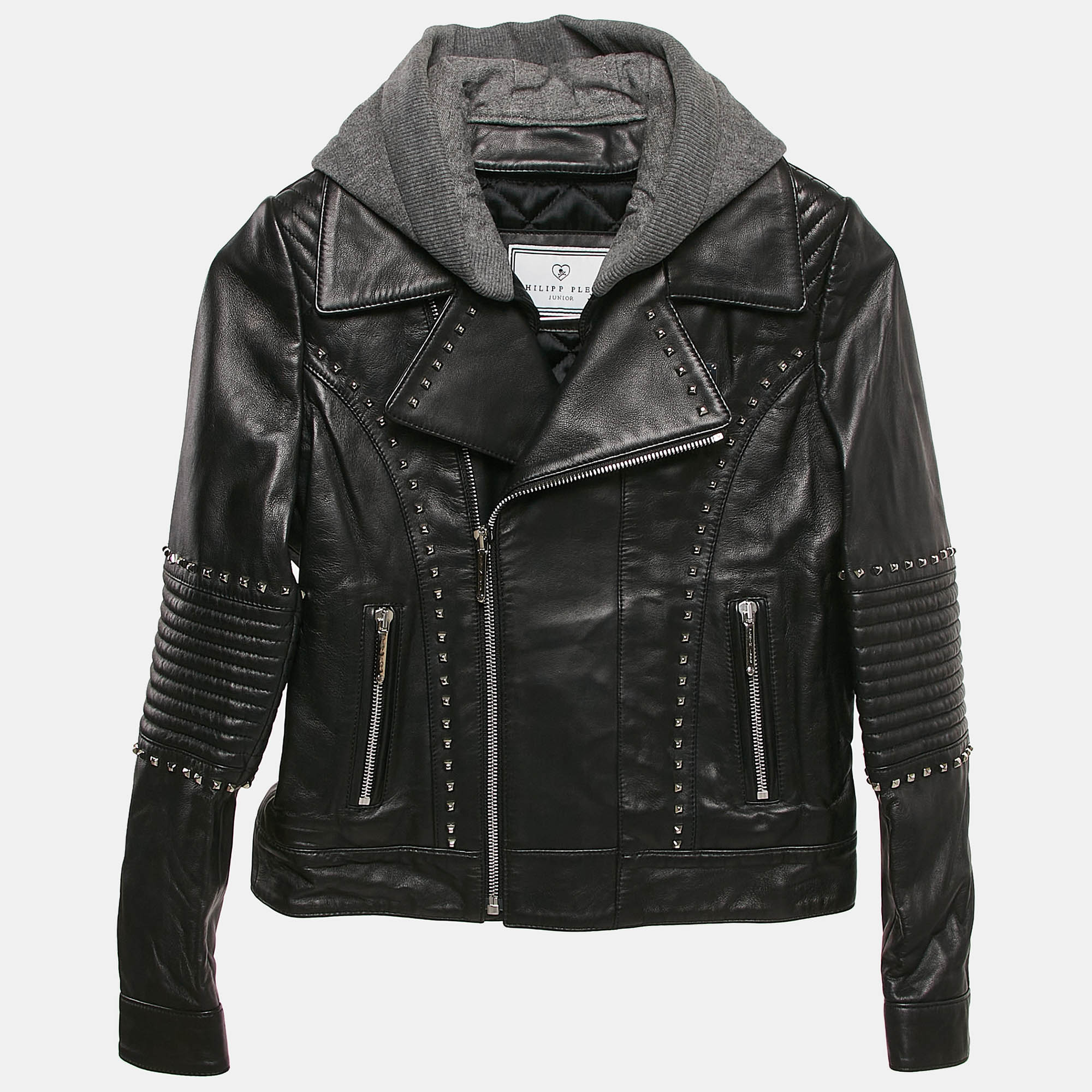 

: Philipp Plein Junior Black Studded Leather Detachable Hood Biker Jacket 8 Yrs