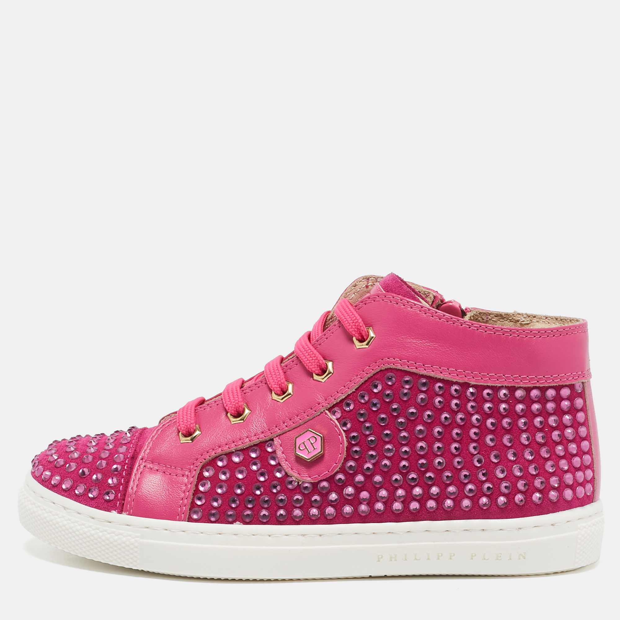 Philipp Plein Pink Suede Crystal Embellished High Top Sneakers Size 29