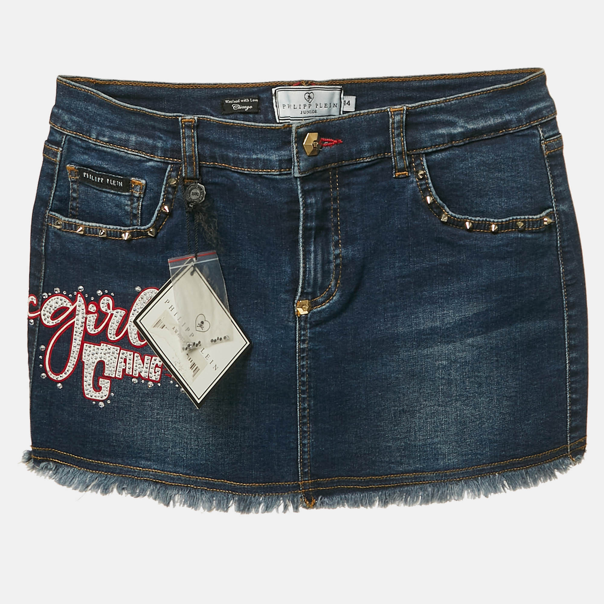 

Philipp Plein Blue Studded Denim Raw Edge Skirt 14 Yrs