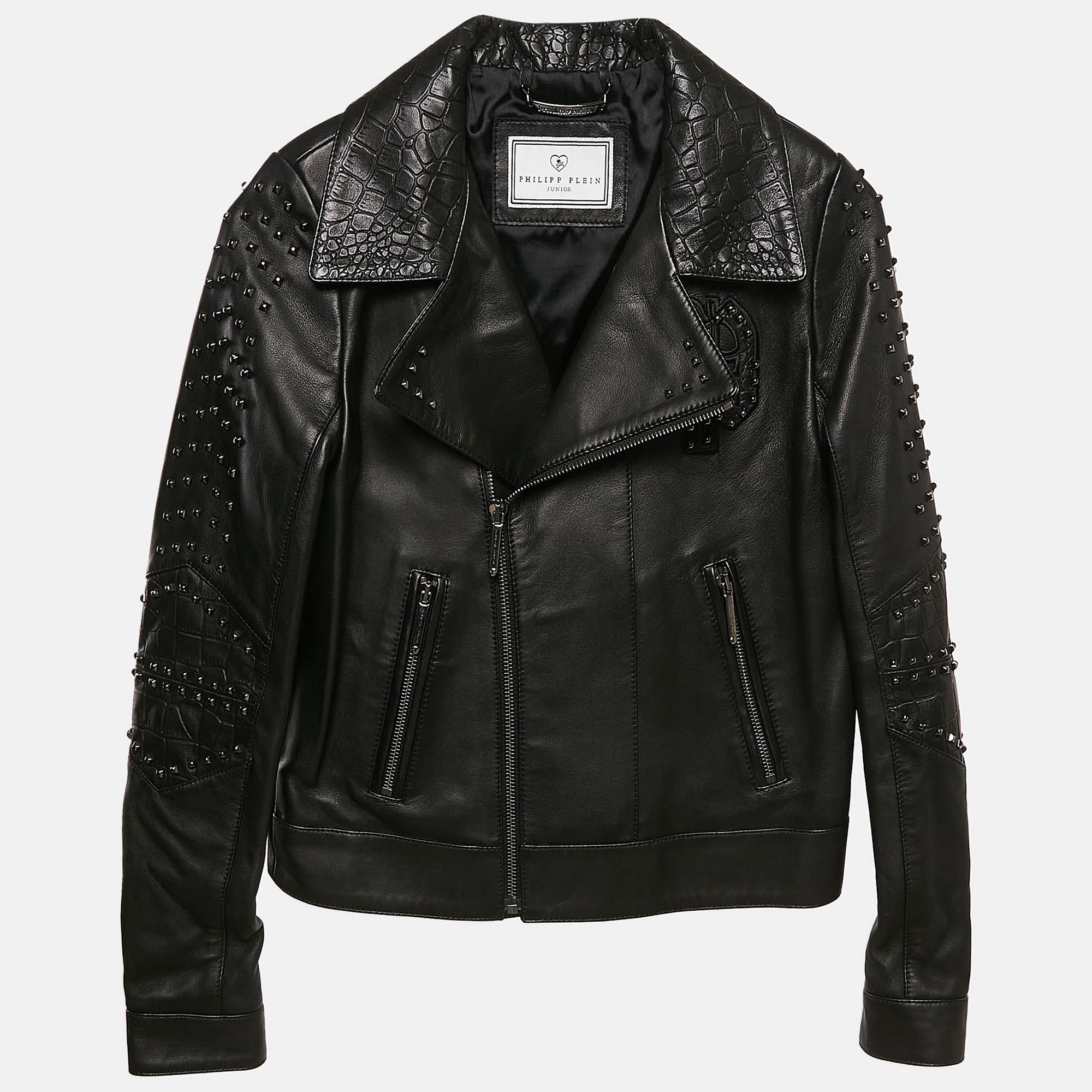 

Philipp Plein Junior Black Textured Leather Stud Detail Zip-Up Jacket 12 Yrs