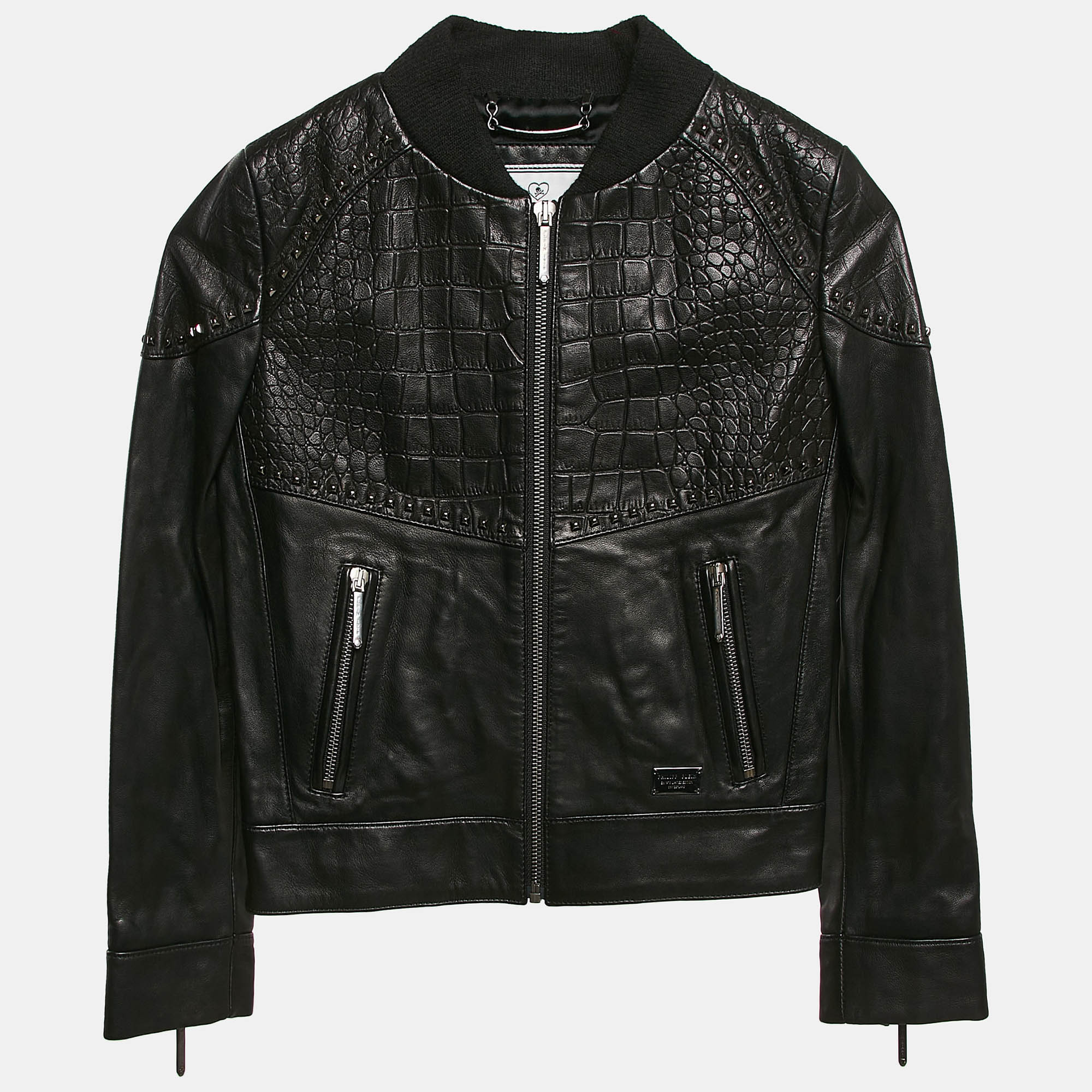 

Philipp Plein Junior Black Crocodile Textured Leather Stud Detail Biker Jacket 8 Yrs