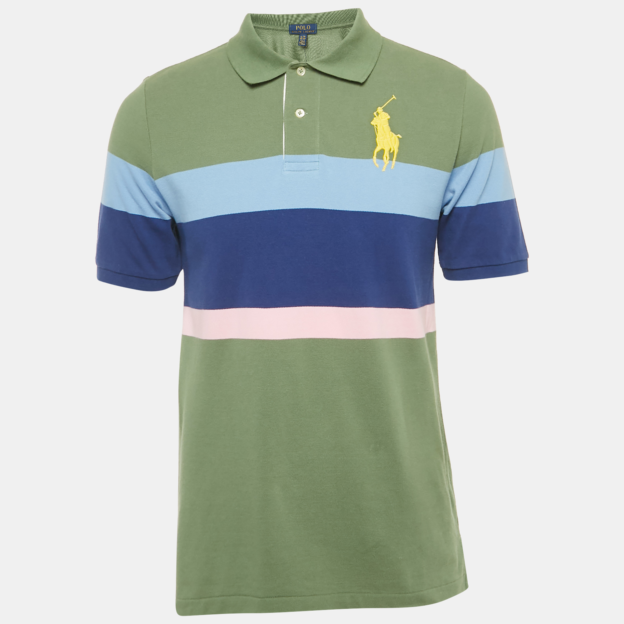 Pre-owned Polo Ralph Lauren Boys Green Big Pony Striped Cotton Polo T-shirt 18-20 Yrs
