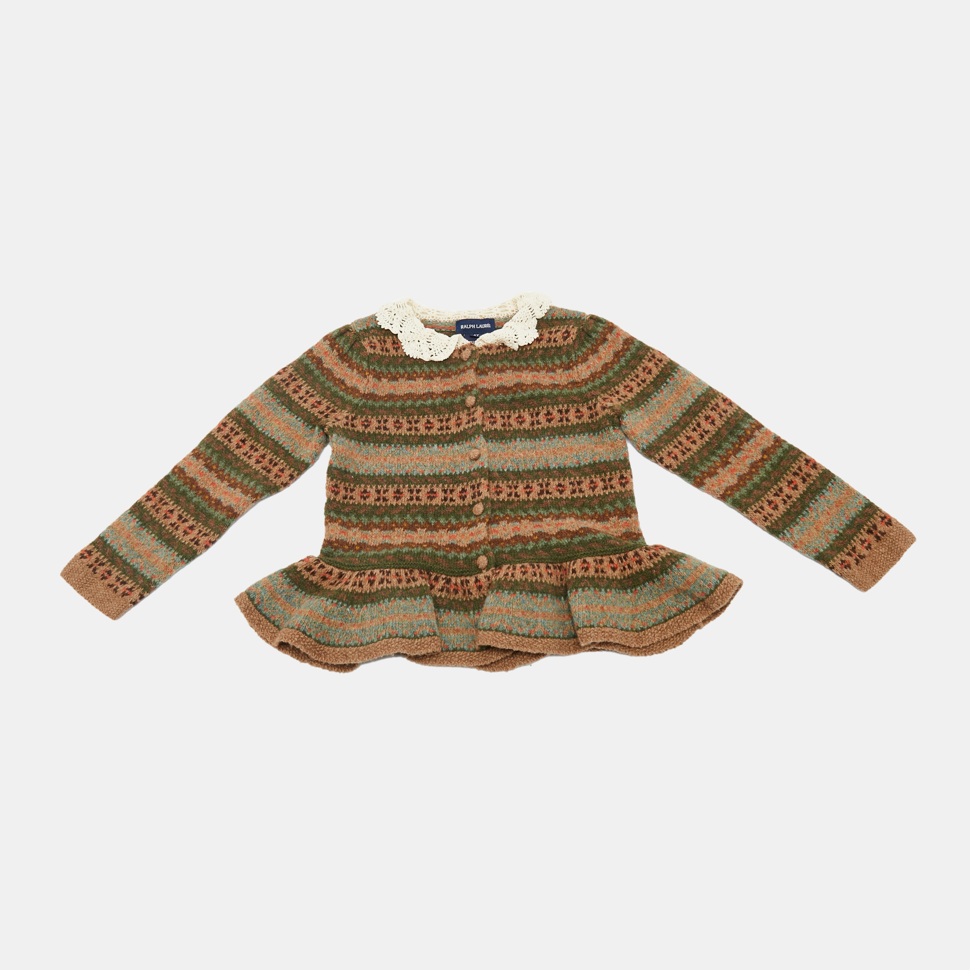 Pre-owned Polo Ralph Lauren Kids Brown Fairisle Crochet Collar Sweater 4yrs