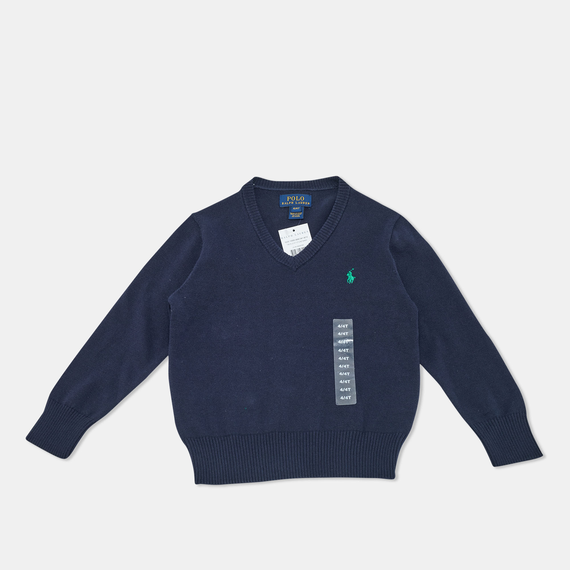 Pre-owned Polo Ralph Lauren Navy Blue Cotton Knit V-neck Sweater 4 Yrs