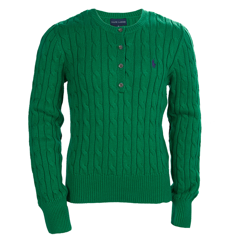 Ralph Lauren Green Cable Knit Suede Elbow Patch Detail Sweater 8/10 Yrs