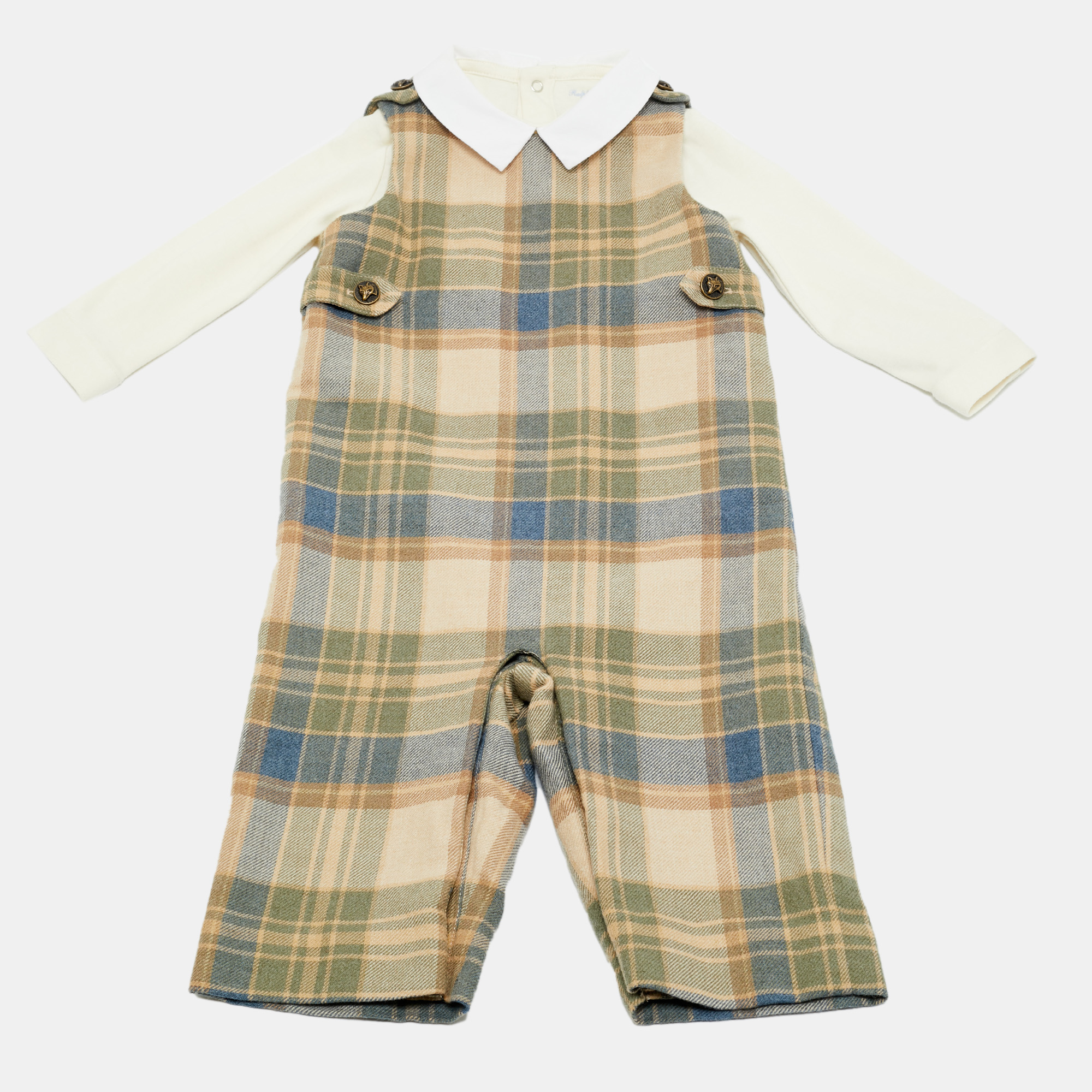 Pre-owned Ralph Lauren Kids Beige/white Plaid Cotton Romper Set 9m In Sand