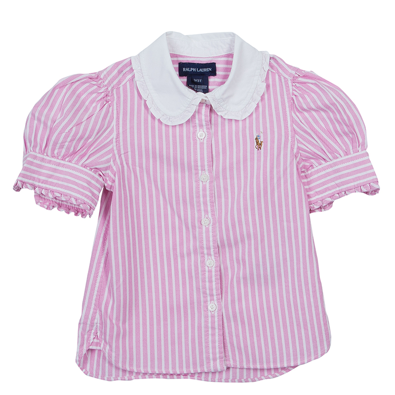 Pre Owned Ralph Lauren Pink Striped Puffed Sleeve Buttondown Shirt 3 Yrs
