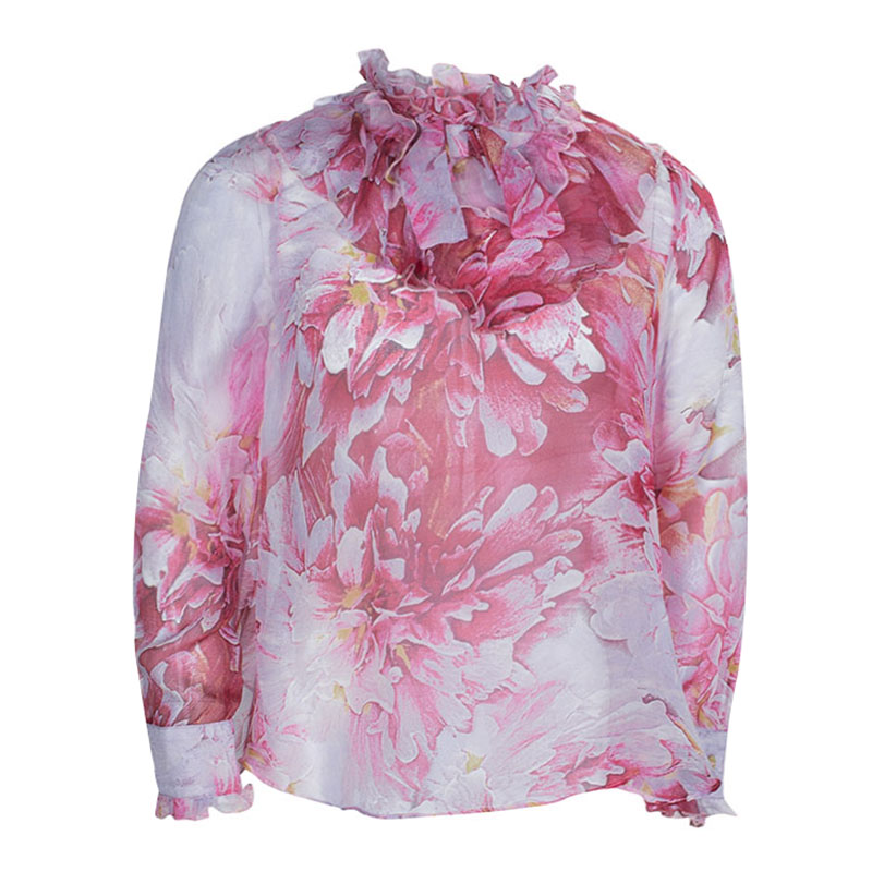 

Roberto Cavalli Angels Pink Floral Printed Silk Ruffle Detail Long Sleeve Top