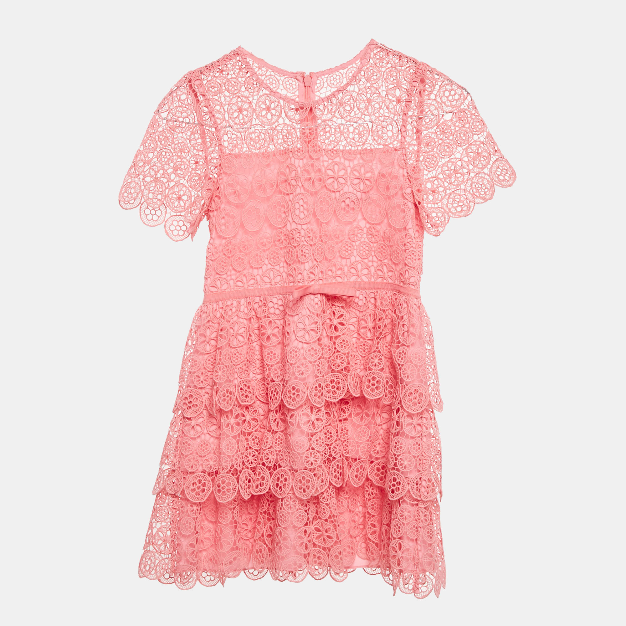 Click to view more detailed imagery on our partner's website Pre-owned Self-portrait Pink Guipure Circle Lace Tiered Mini Dress 7-8yrs