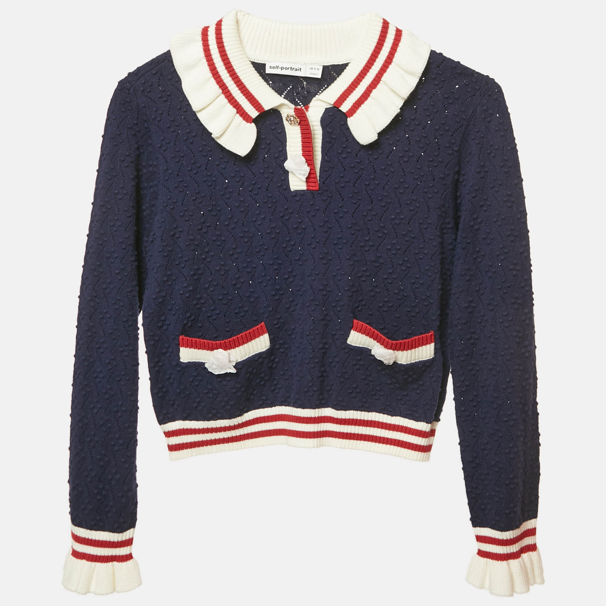 Pre-owned Self-portrait Navy Blue Textured Pointelle Knit Cardigan 8-10yrs