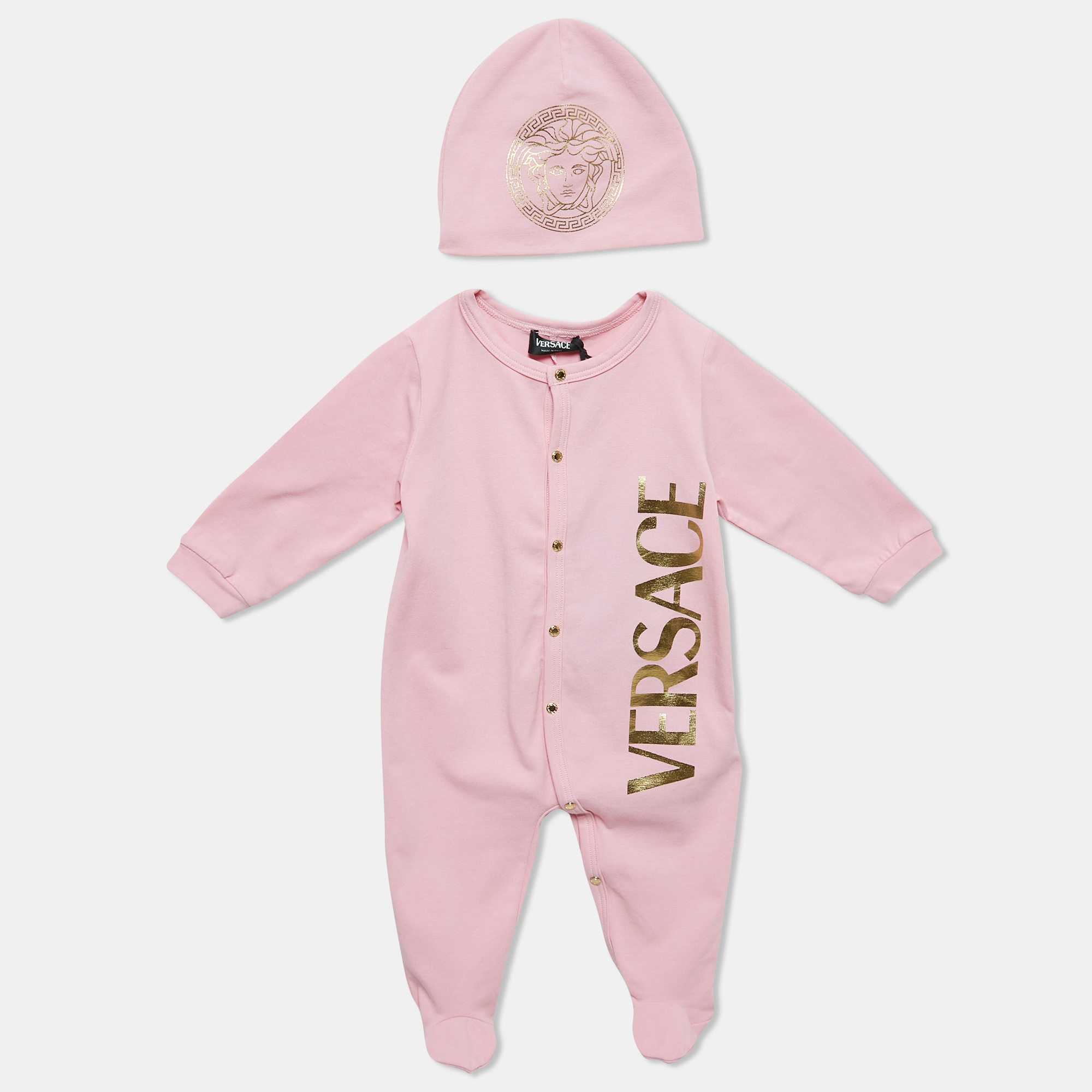 

Versace Pink Logo Print Baby Sleepsuit With Cap