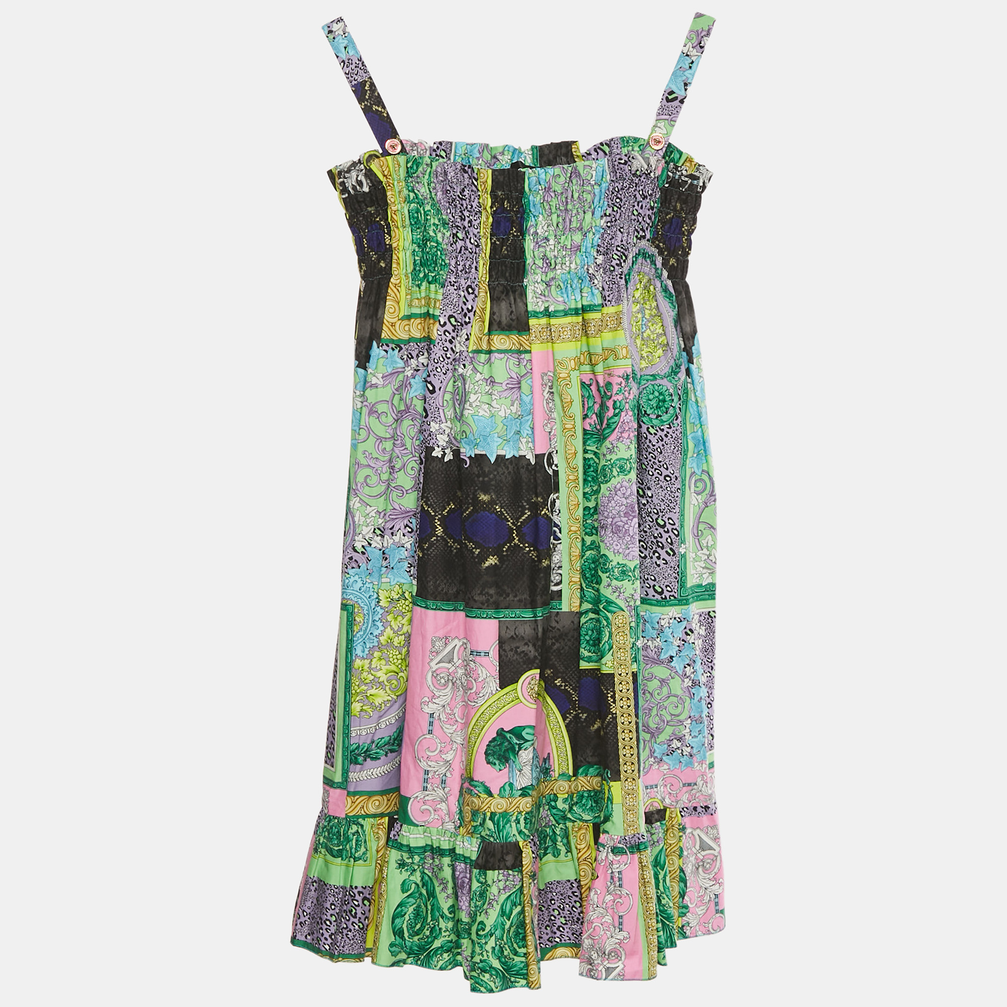 Pre-owned Versace Kids Green Barocco Print Cotton Shirring Dress 8yrs