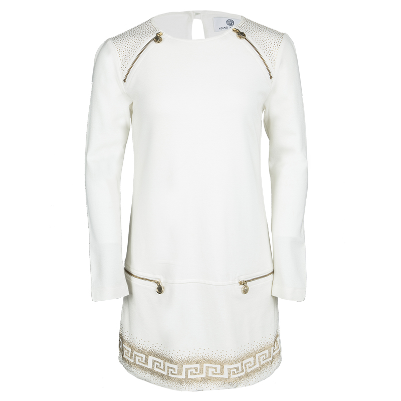 Pre Owned Young Versace White Knit Gold Studded Zip Detail Long Sleeve Dress XXS / 8 Yrs