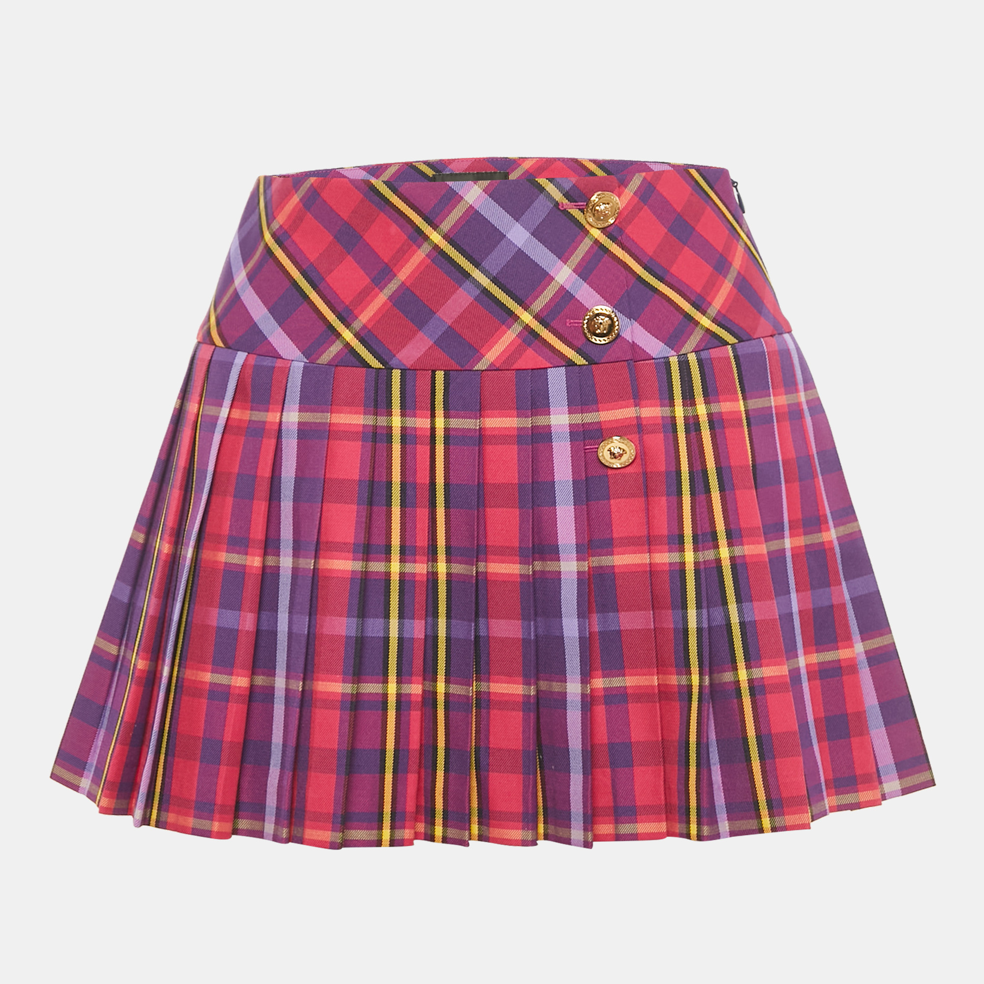 Pre-owned Versace Purple/multicolor Plaid Cotton Blend Pleated Skirt 10 Yrs