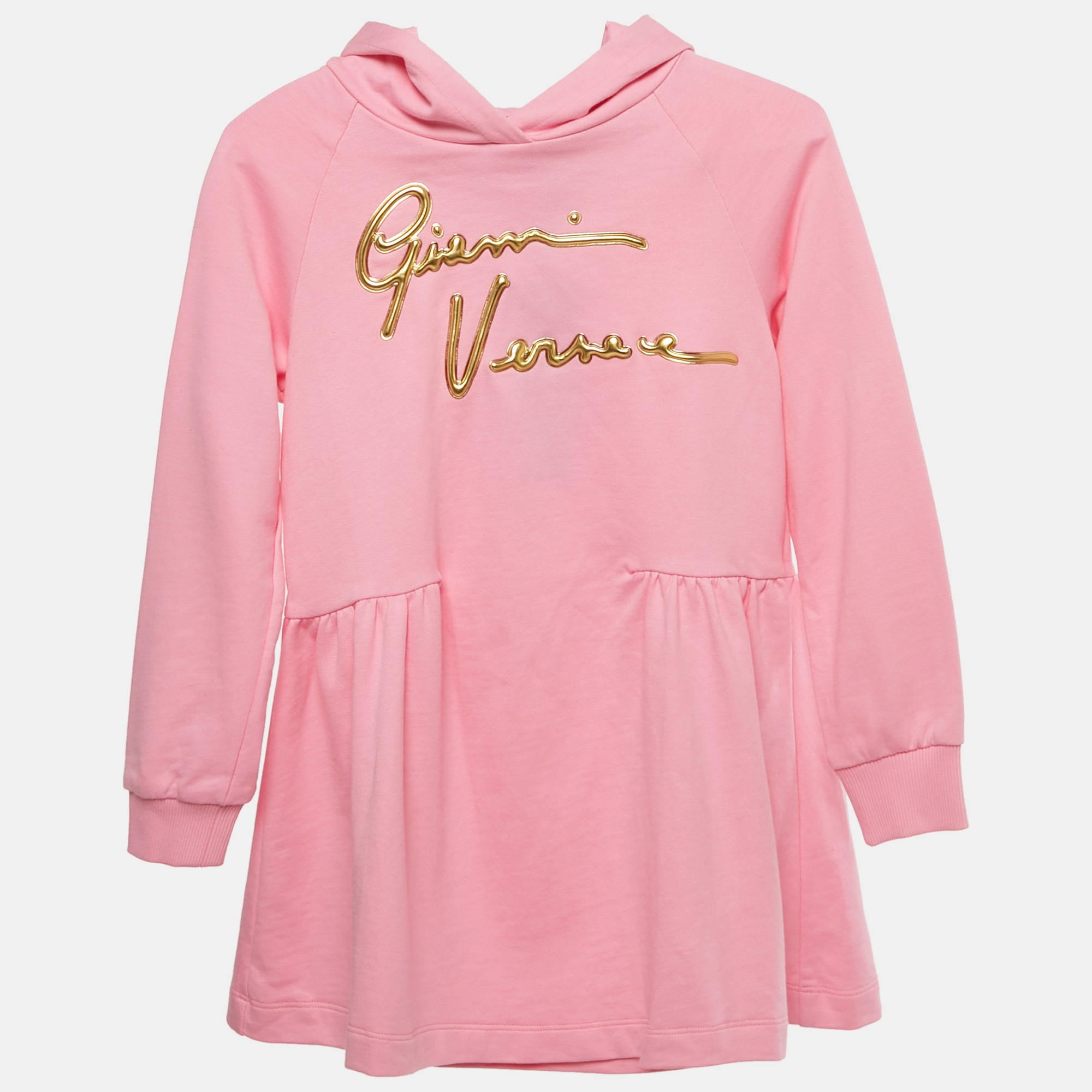 Pre-owned Versace Kids Pink Logo Embossed Cotton Hooded Dress 8yrs