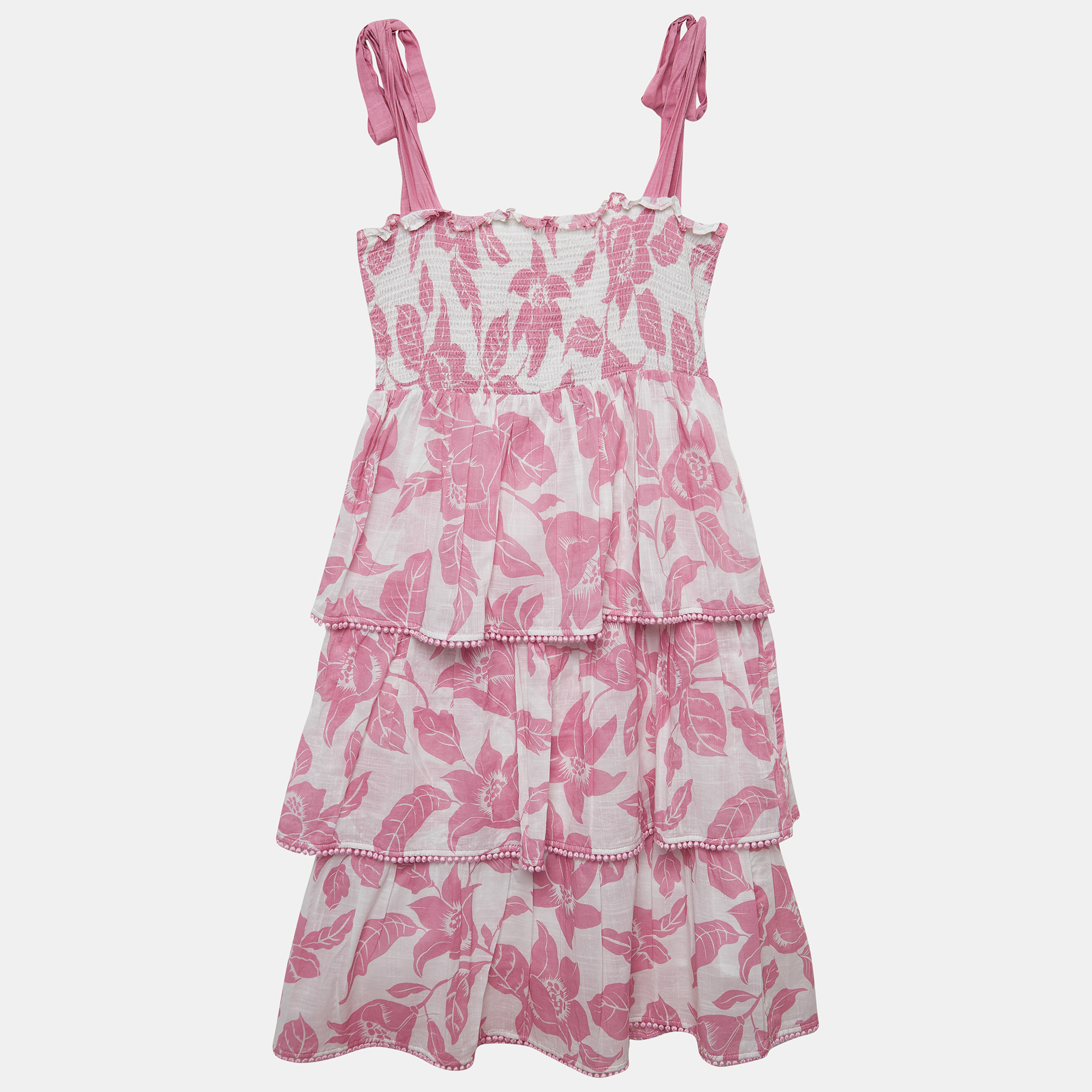 

Zimmermann White/Pink Floral Print Cotton Tiered Dress