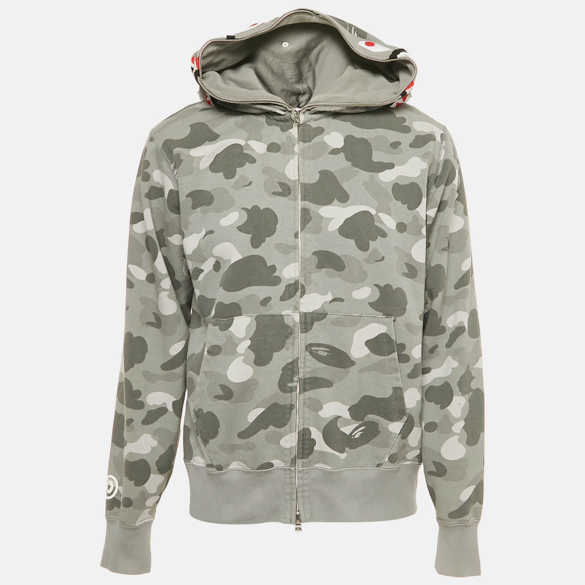 A Bathing Ape Grey Cotton Camo Shark Full Zip Hoodie L