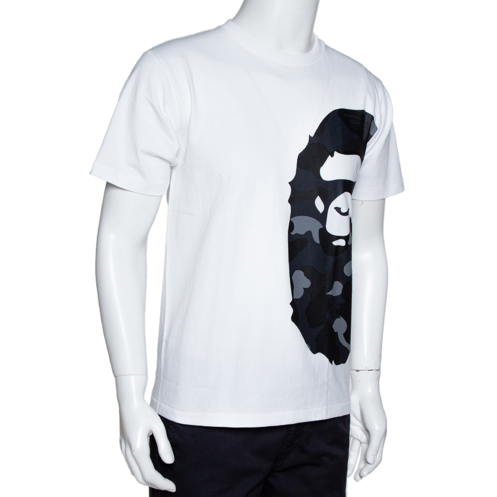 

A Bathing Ape White & Navy Blue Cotton Camo Ape Print T Shirt