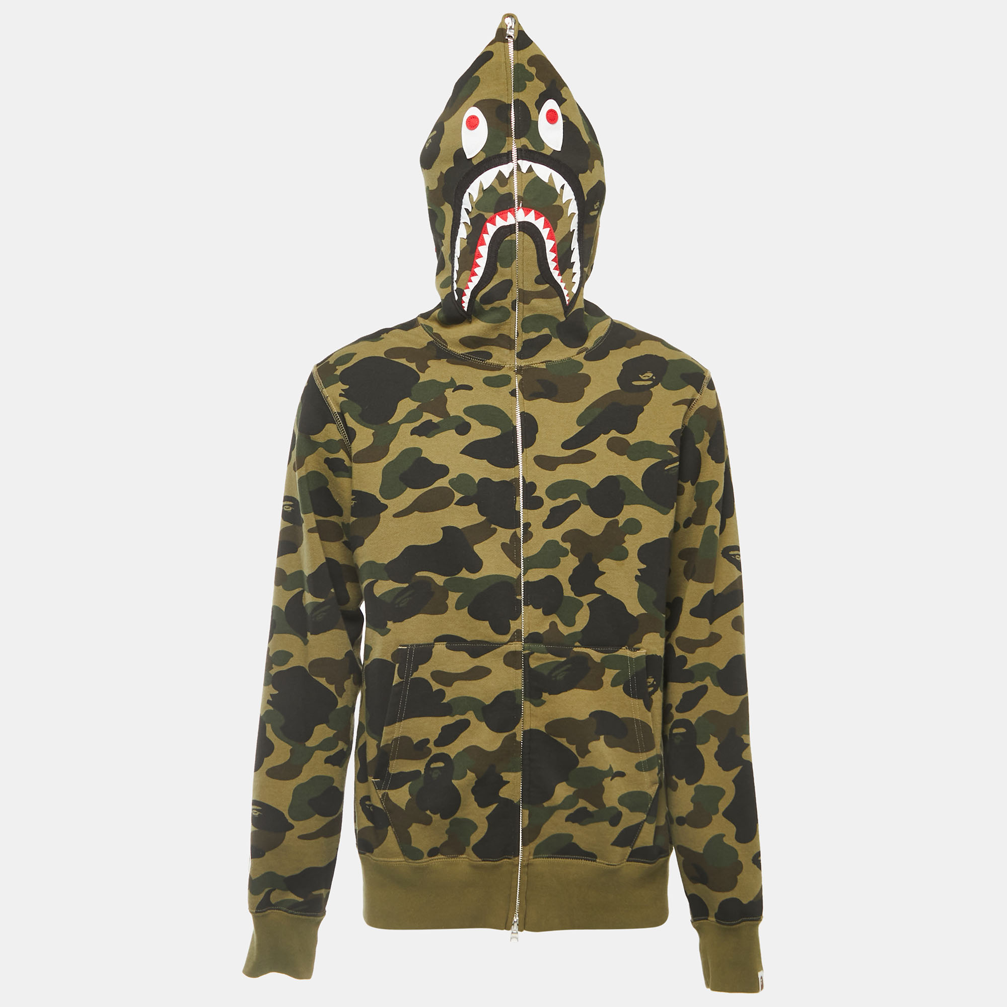 

A Bathing Ape Military Green Camo Print Cotton Shark Head Hood Zip Front Jacket