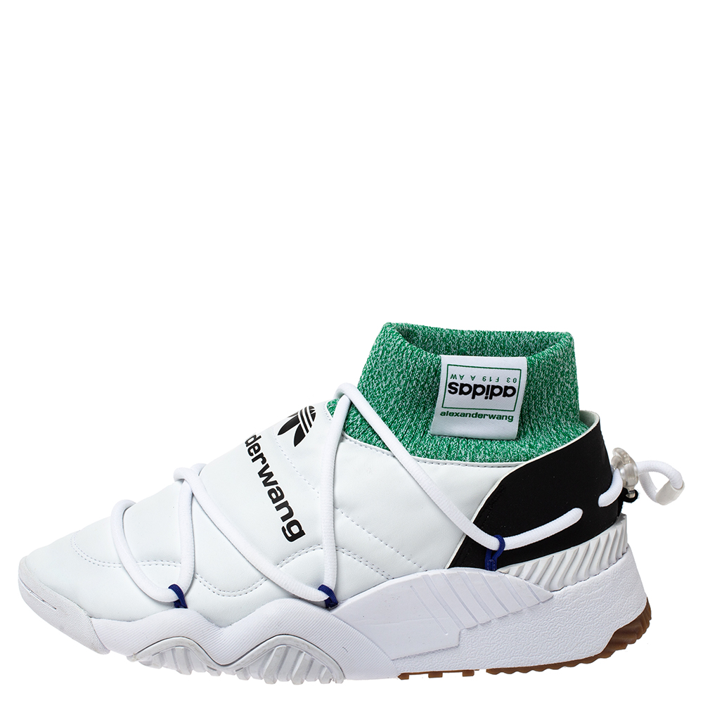 

Adidas Originals by Alexander Wang White/Green Leather And Knit Fabric Puffer Trainer High-Top Sneakers Size