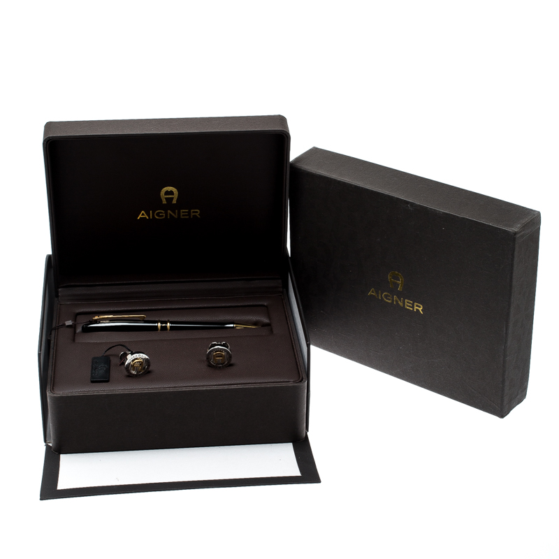 Aigner Black Resin Ballpoint Pen Cufflink Set Aigner TLC