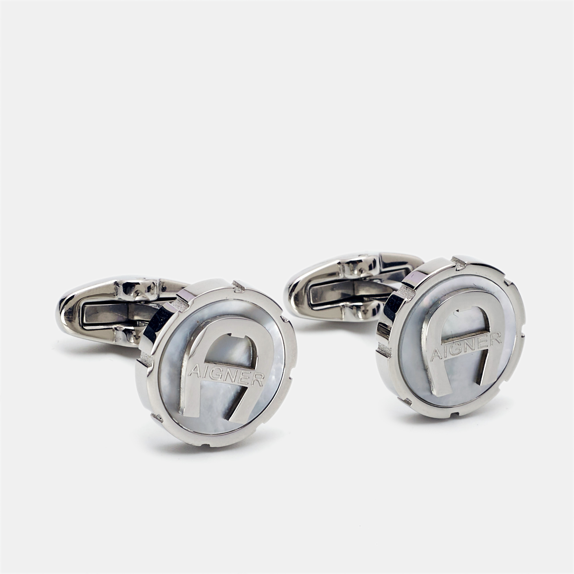 Pre Owned Aigner Logo Mother of Pearll Stainless Steel Cufflinks